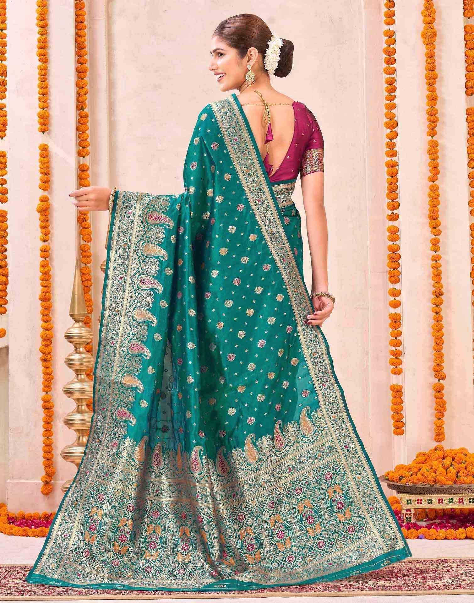 Rama Green Silk Woven Banarasi Saree - Image 6