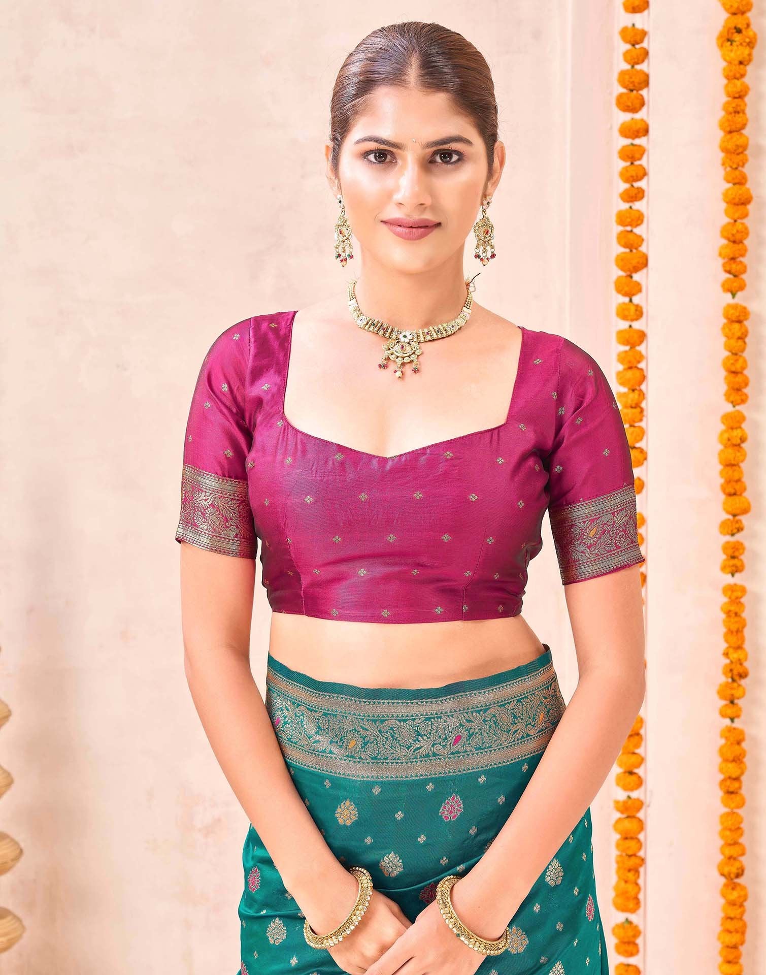 Rama Green Silk Woven Banarasi Saree - Image 8