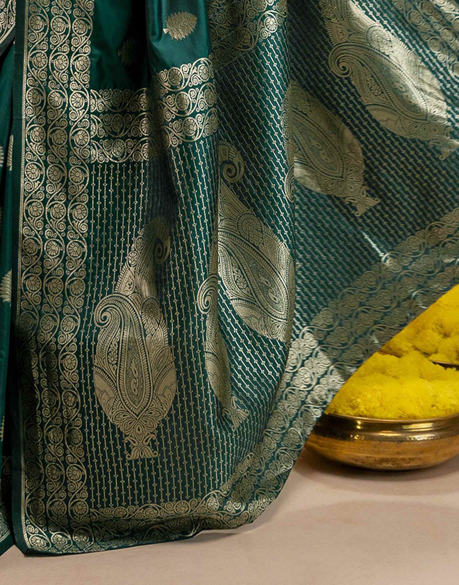 Rama Green Silk Woven Banarasi Saree - Image 12