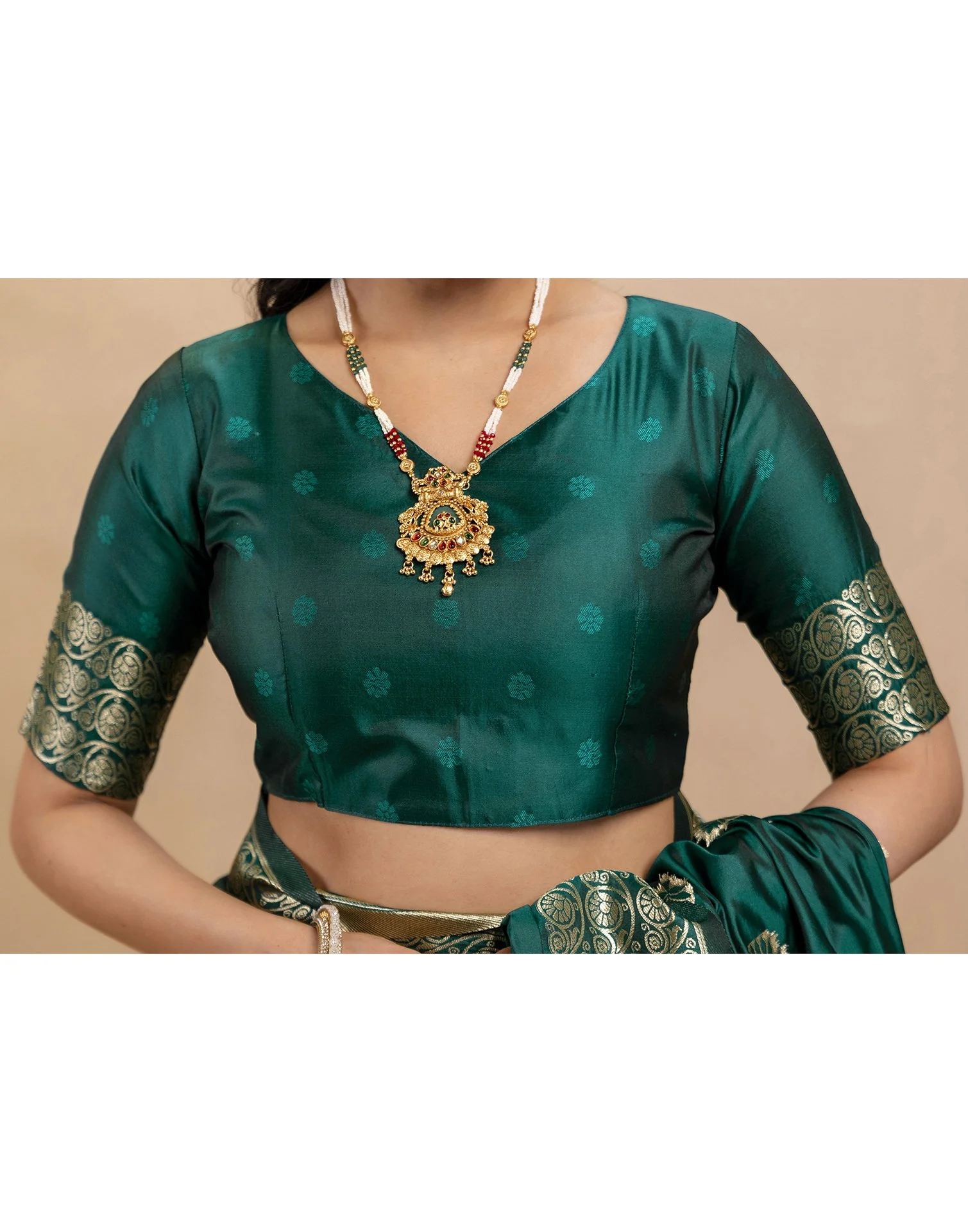 Rama Green Silk Woven Banarasi Saree - Image 13