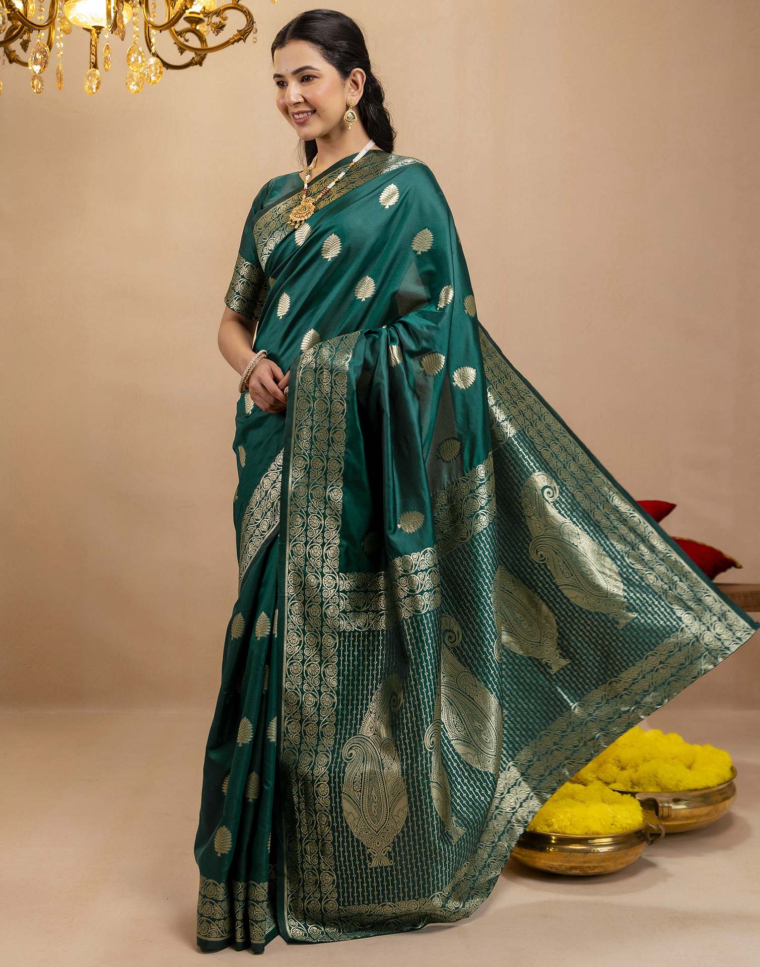 Rama Green Silk Woven Banarasi Saree - Image 5