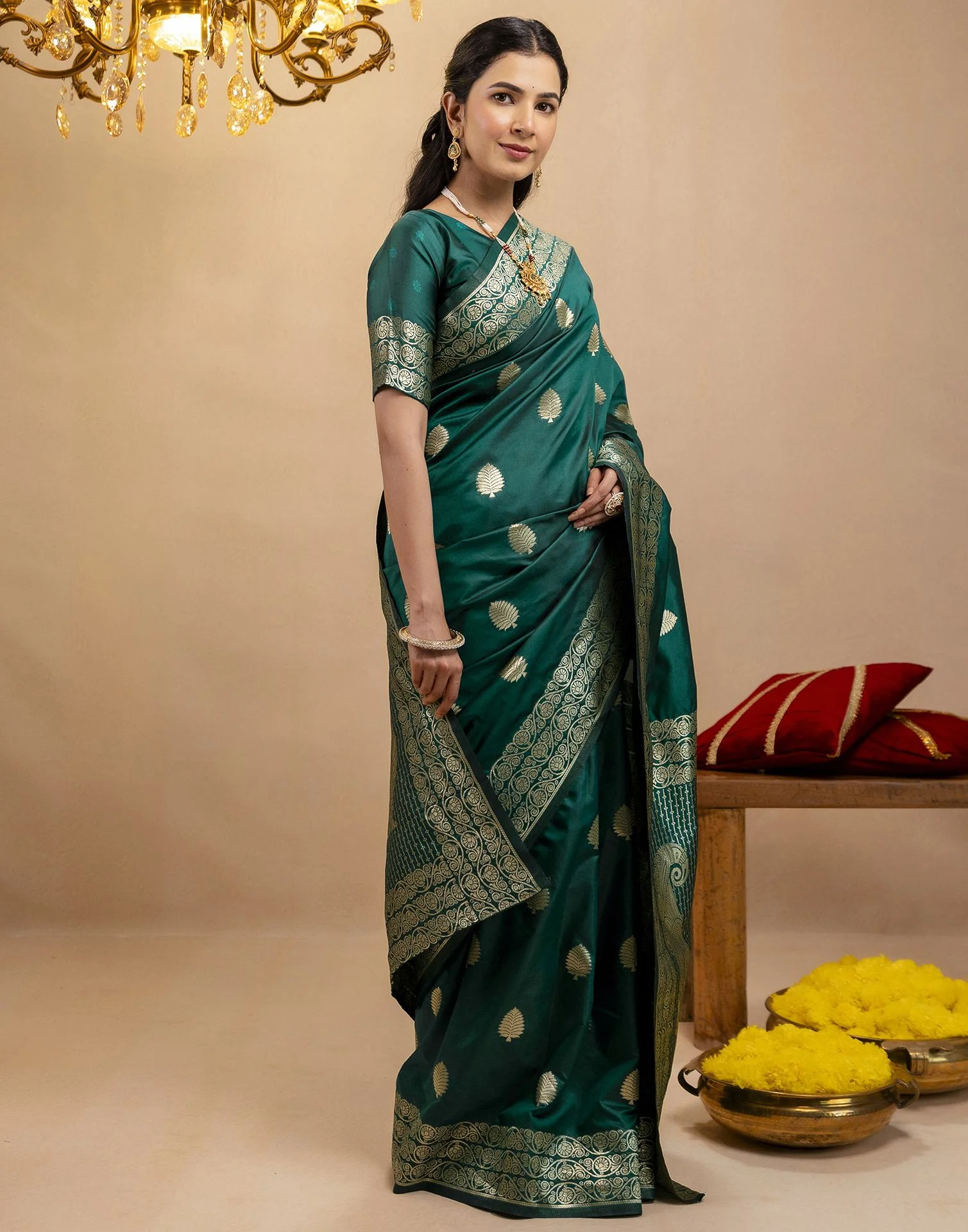 Rama Green Silk Woven Banarasi Saree - Image 6