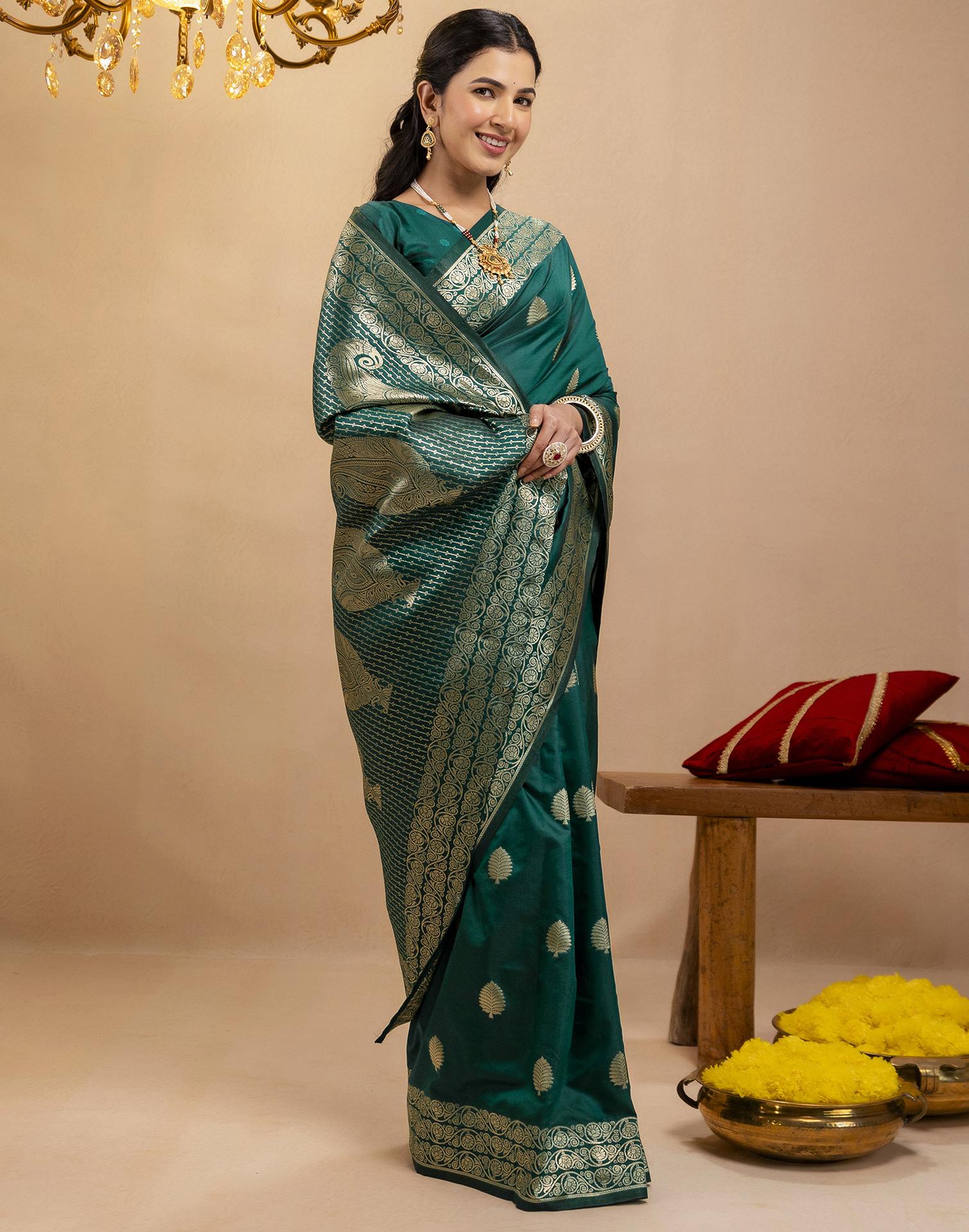 Rama Green Silk Woven Banarasi Saree - Image 8