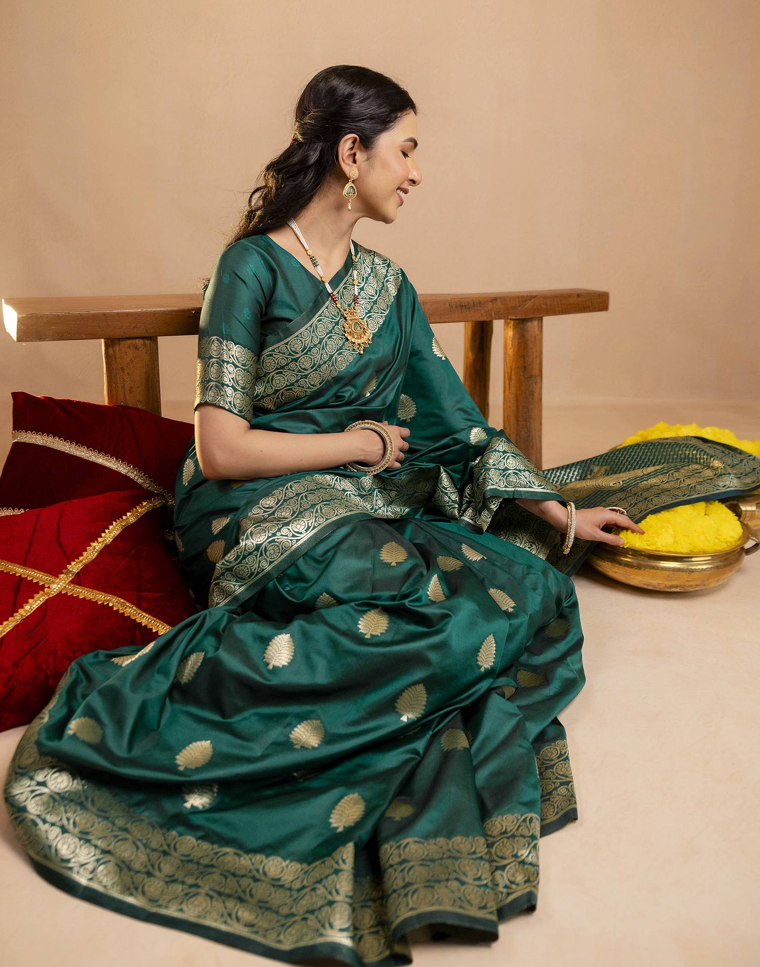 Rama Green Silk Woven Banarasi Saree - Image 9