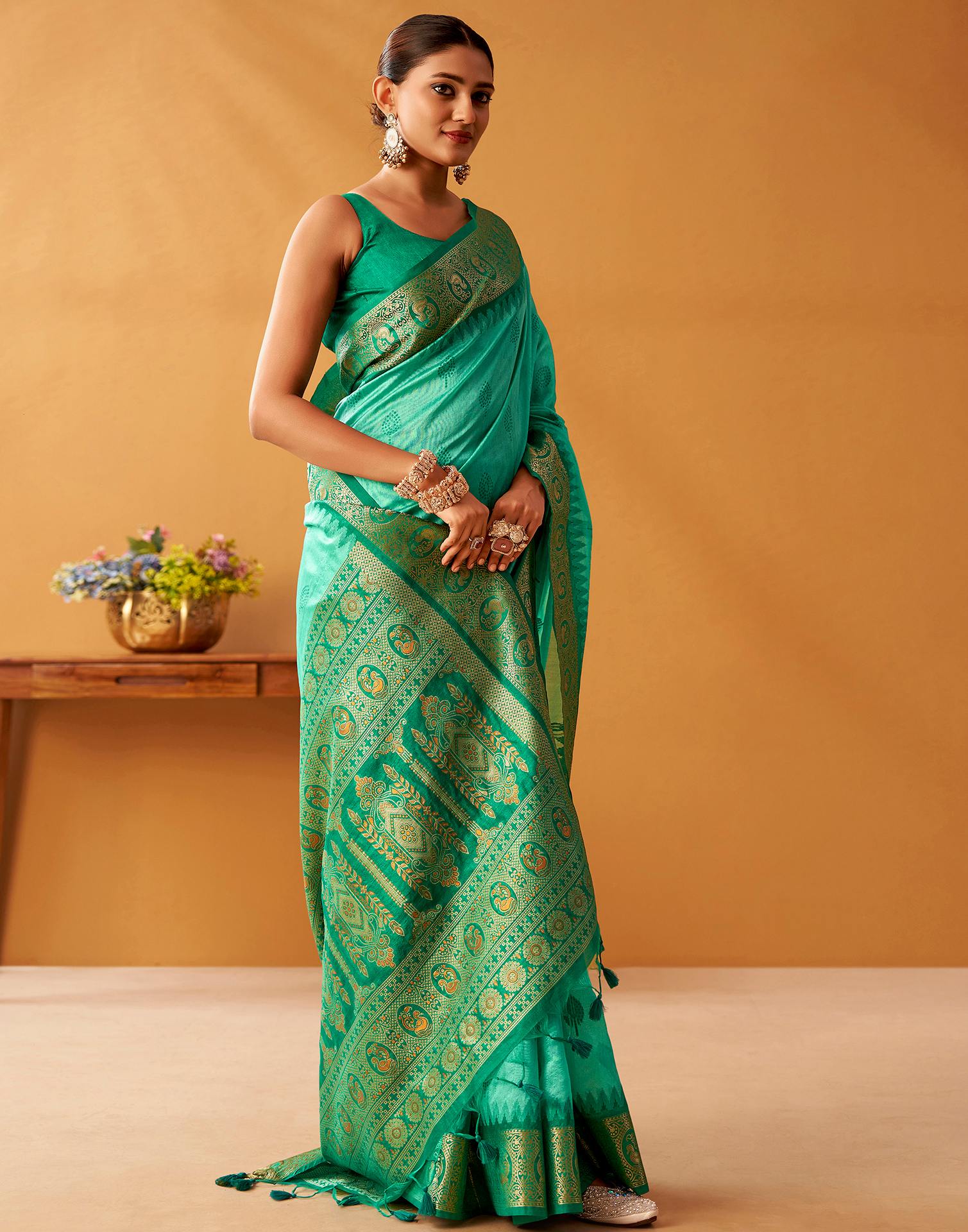 Rama Green Silk Woven Kanjivaram Saree - Image 5