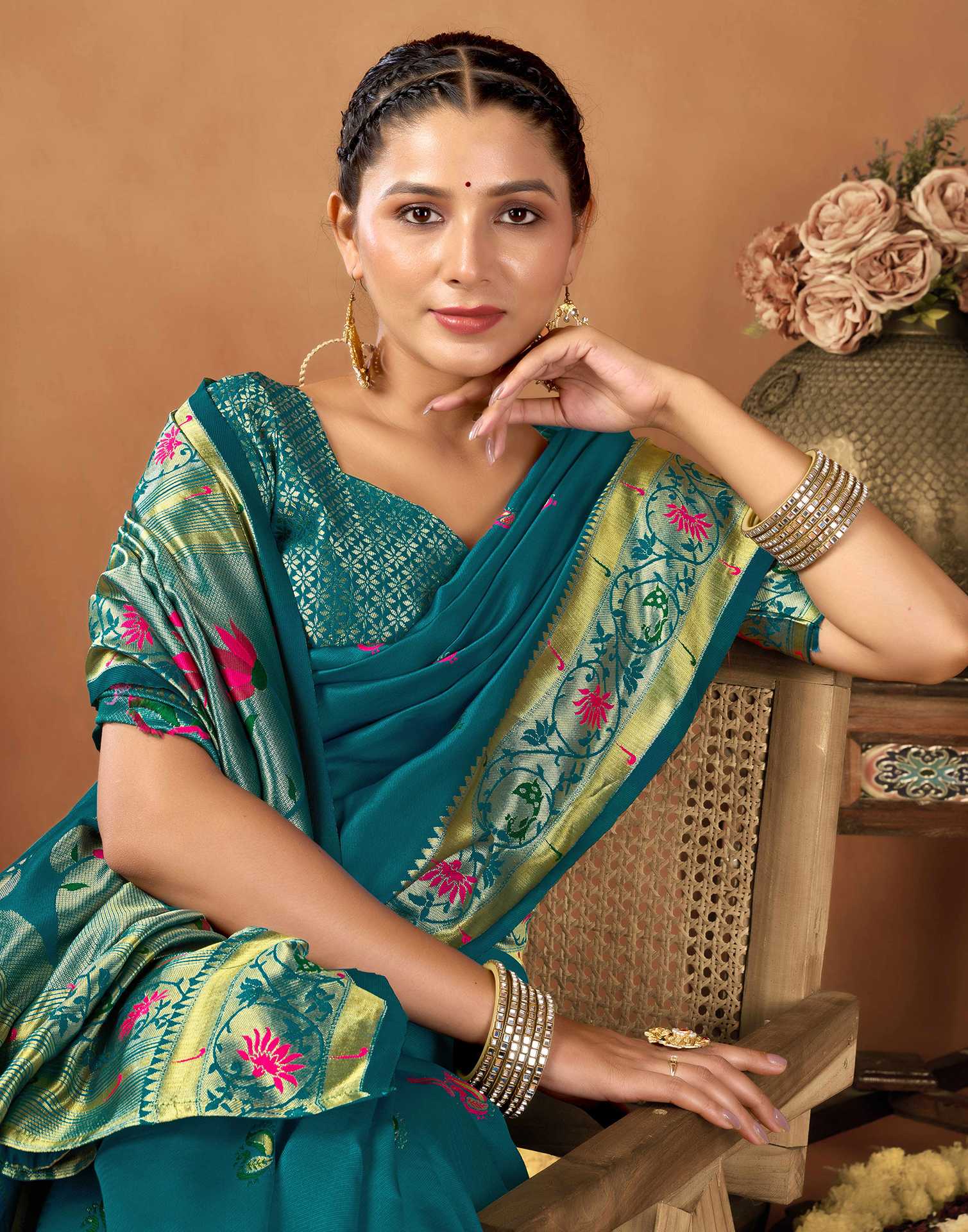 Teal Blue Silk Woven Paithani Saree - Image 2
