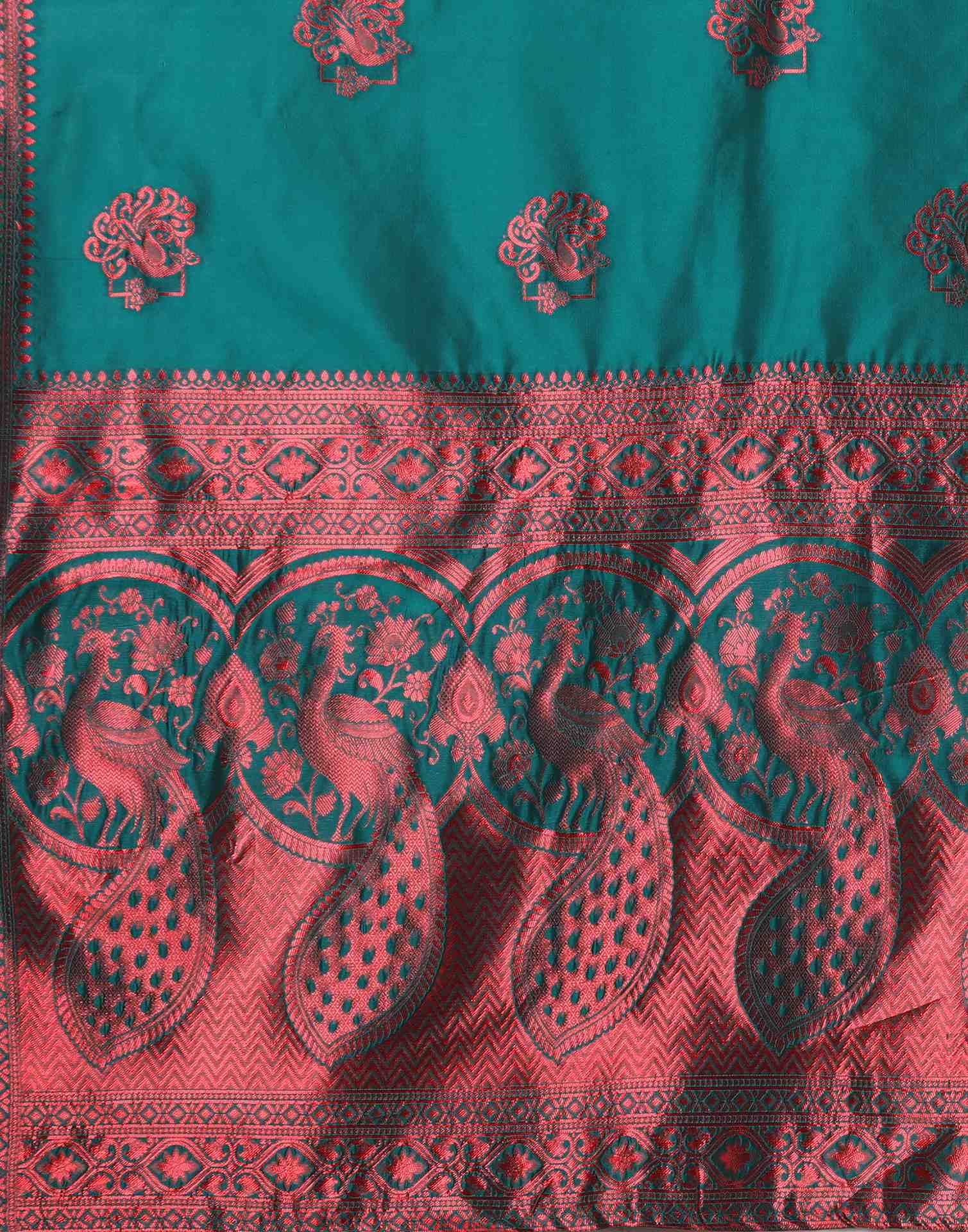 Rama Green Silk Woven Banarasi Saree - Image 8