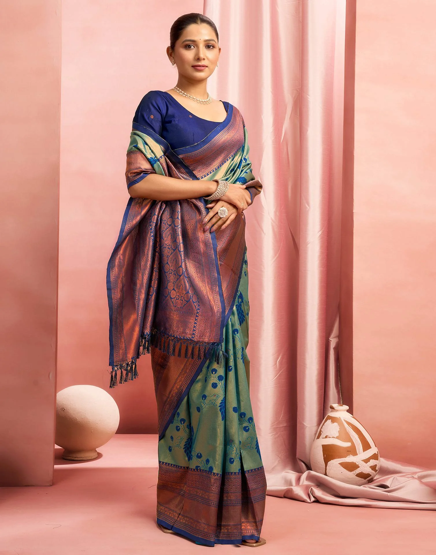 Rama Green Silk Woven Kanjivaram Saree - Image 6