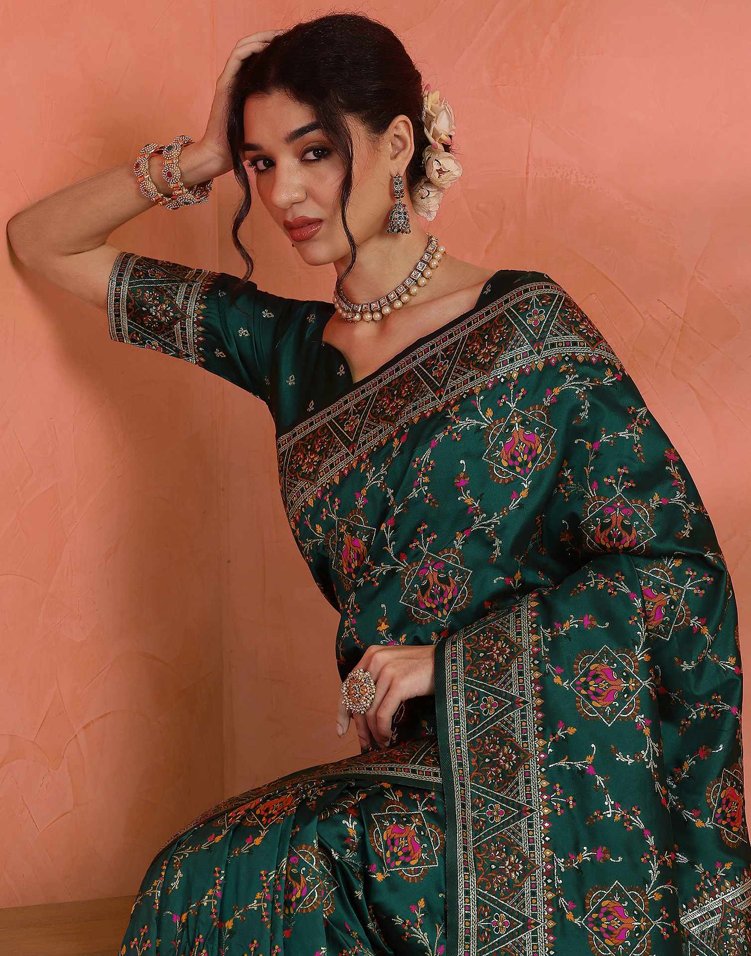 Rama Green Silk Woven Saree - Image 2