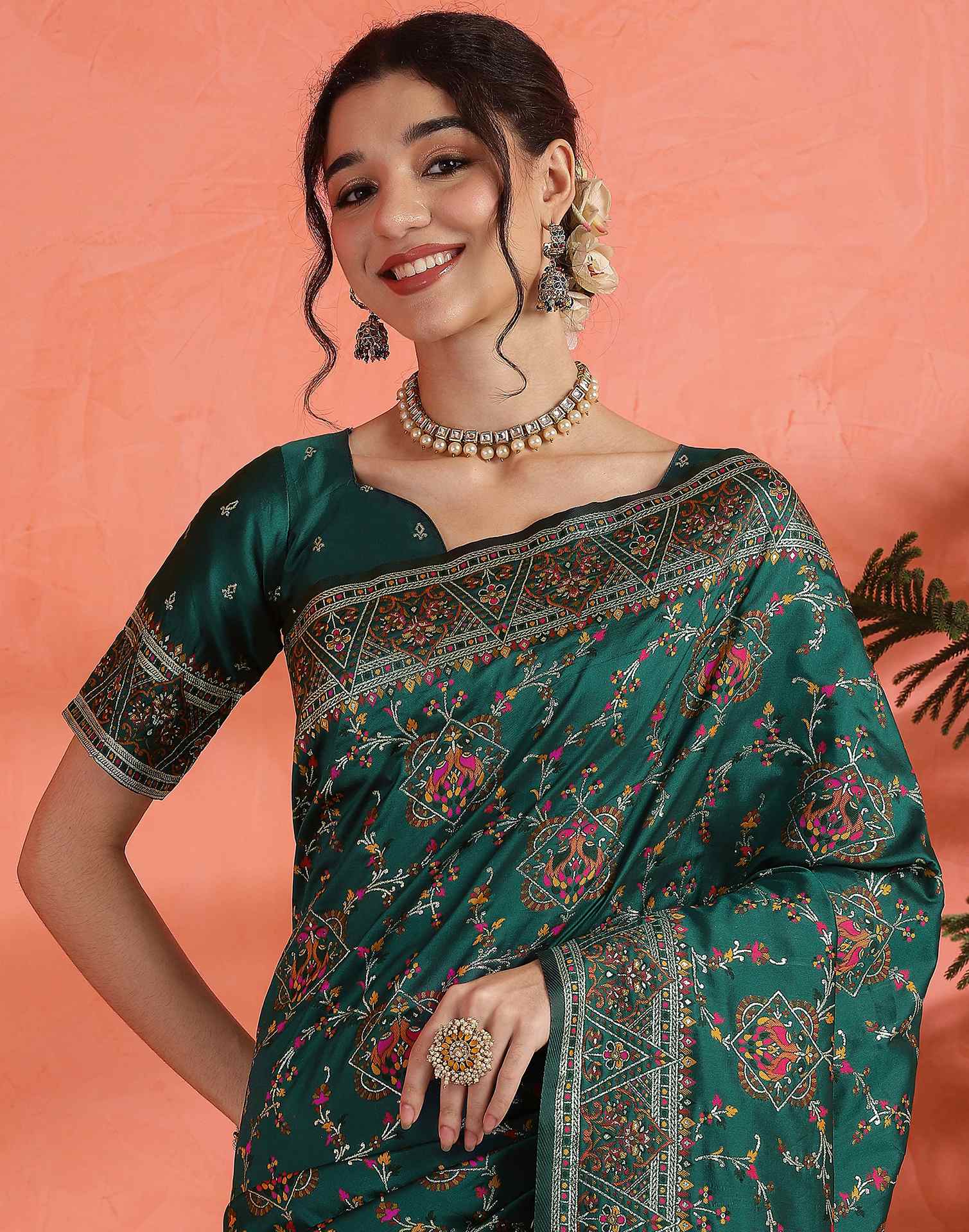 Rama Green Silk Woven Saree - Image 4