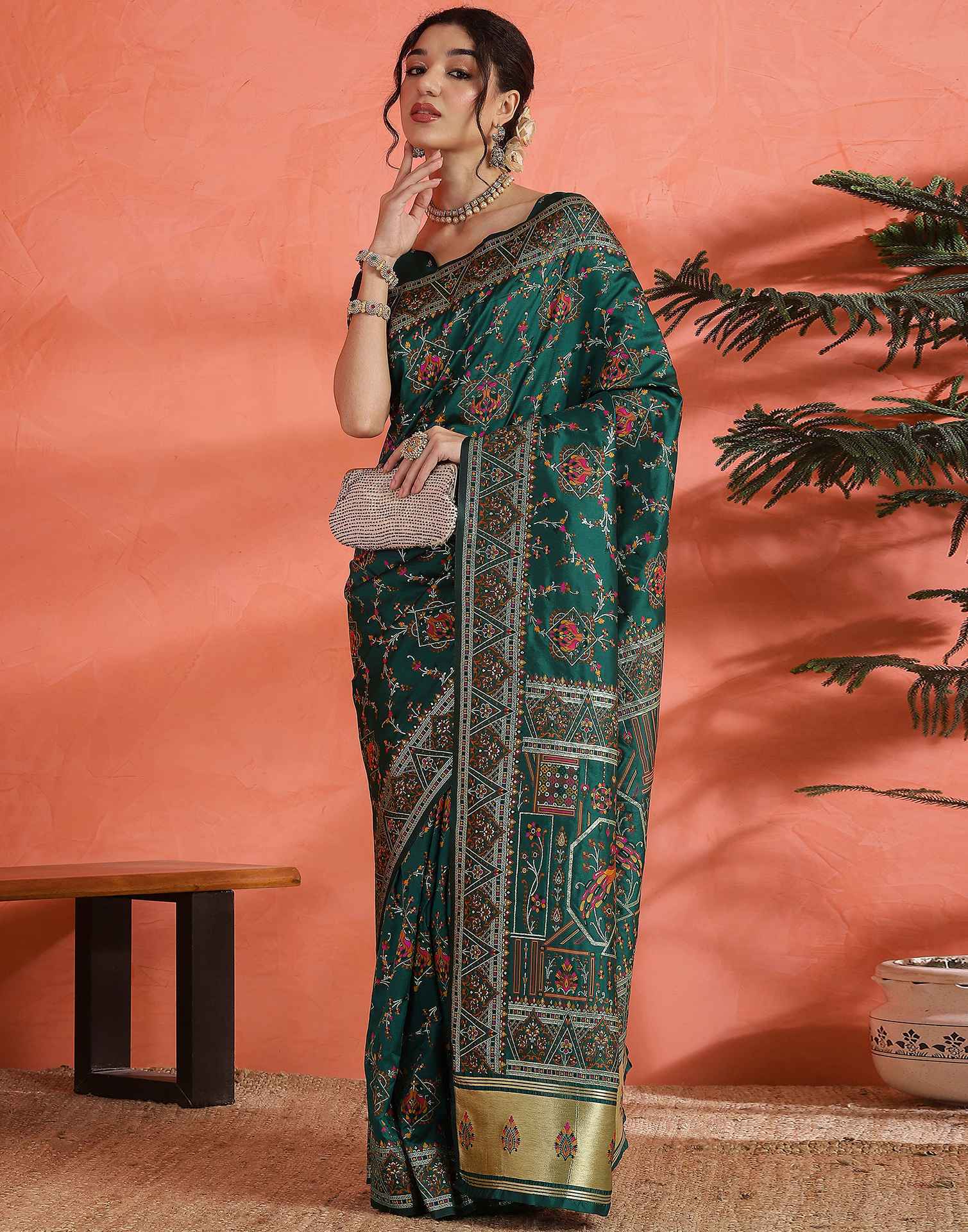 Rama Green Silk Woven Saree - Image 6