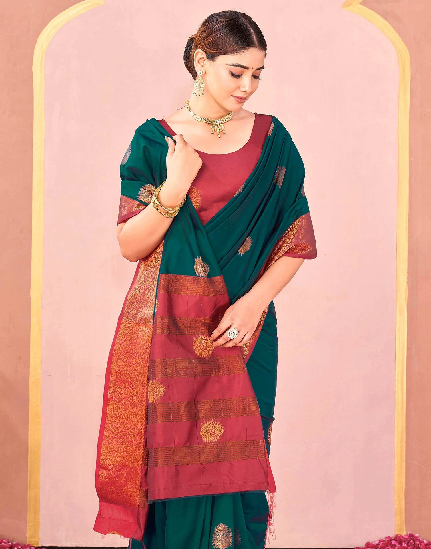 Rama Green Silk Woven Saree - Image 2