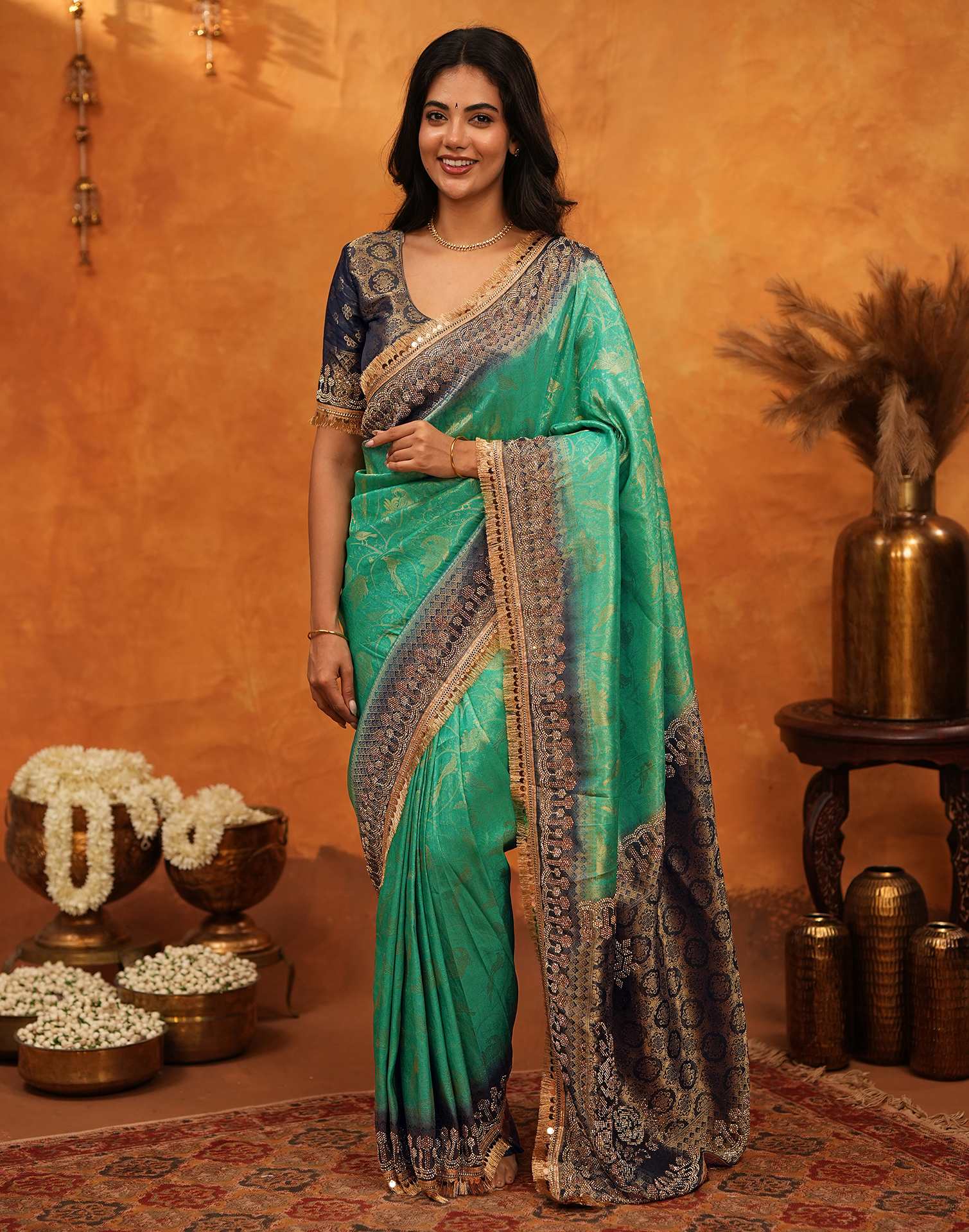 Rama Green Silk Woven Stone Work Banarasi Saree - Image 4