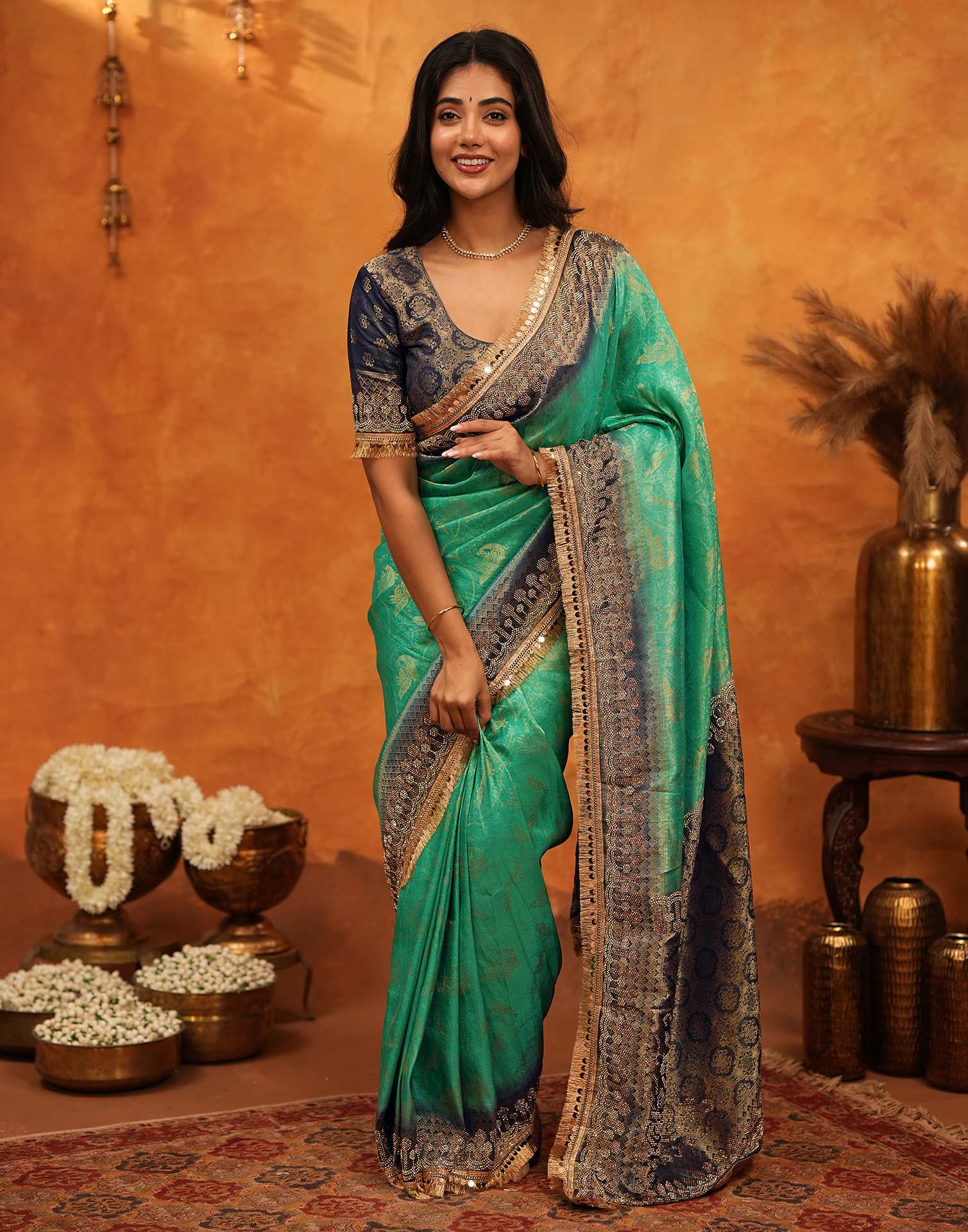 Rama Green Silk Woven Stone Work Banarasi Saree - Image 5