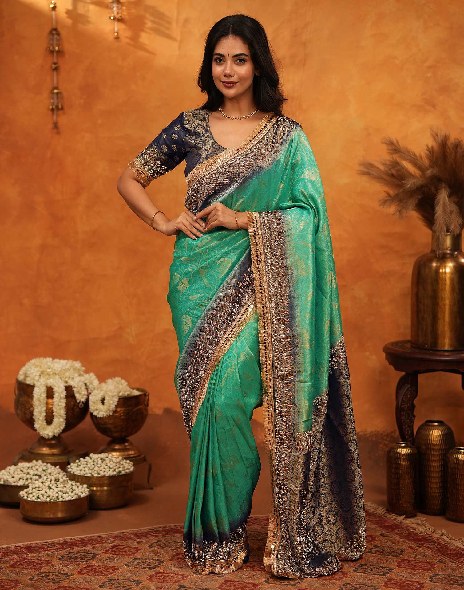 Rama Green Silk Woven Stone Work Banarasi Saree - Image 7