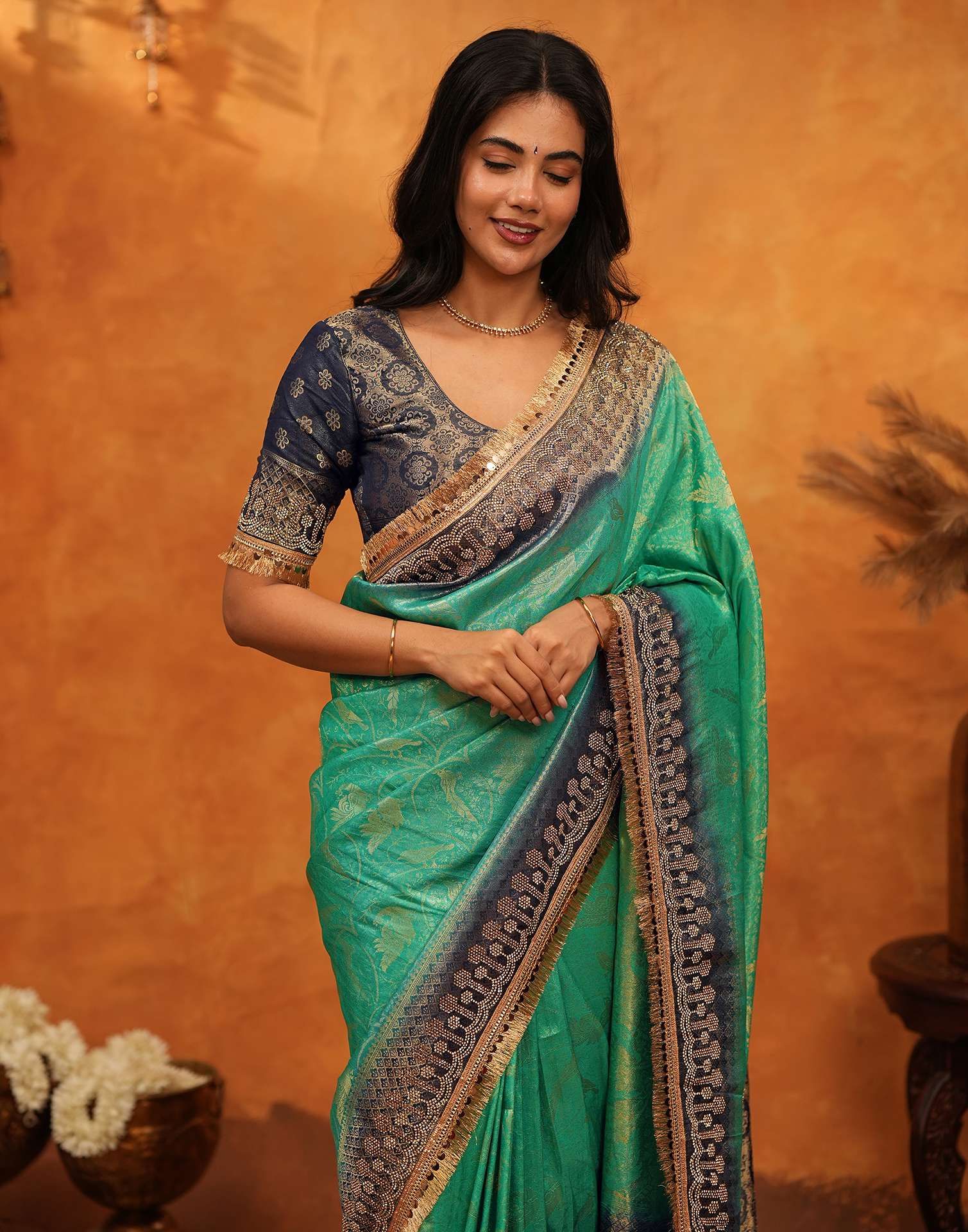 Rama Green Silk Woven Stone Work Banarasi Saree - Image 9