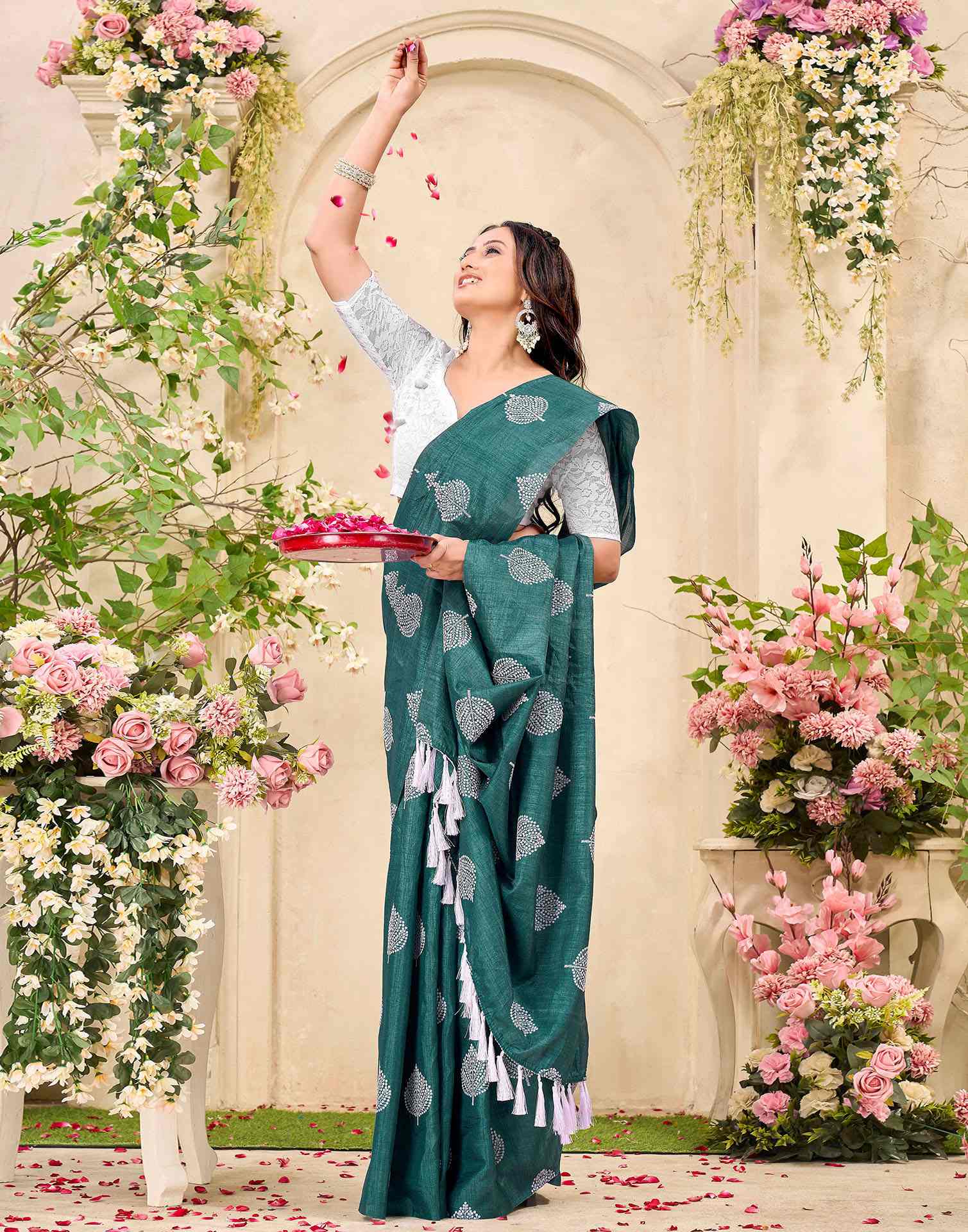 Rama Green Vichitra Silk Printed Saree - Image 5