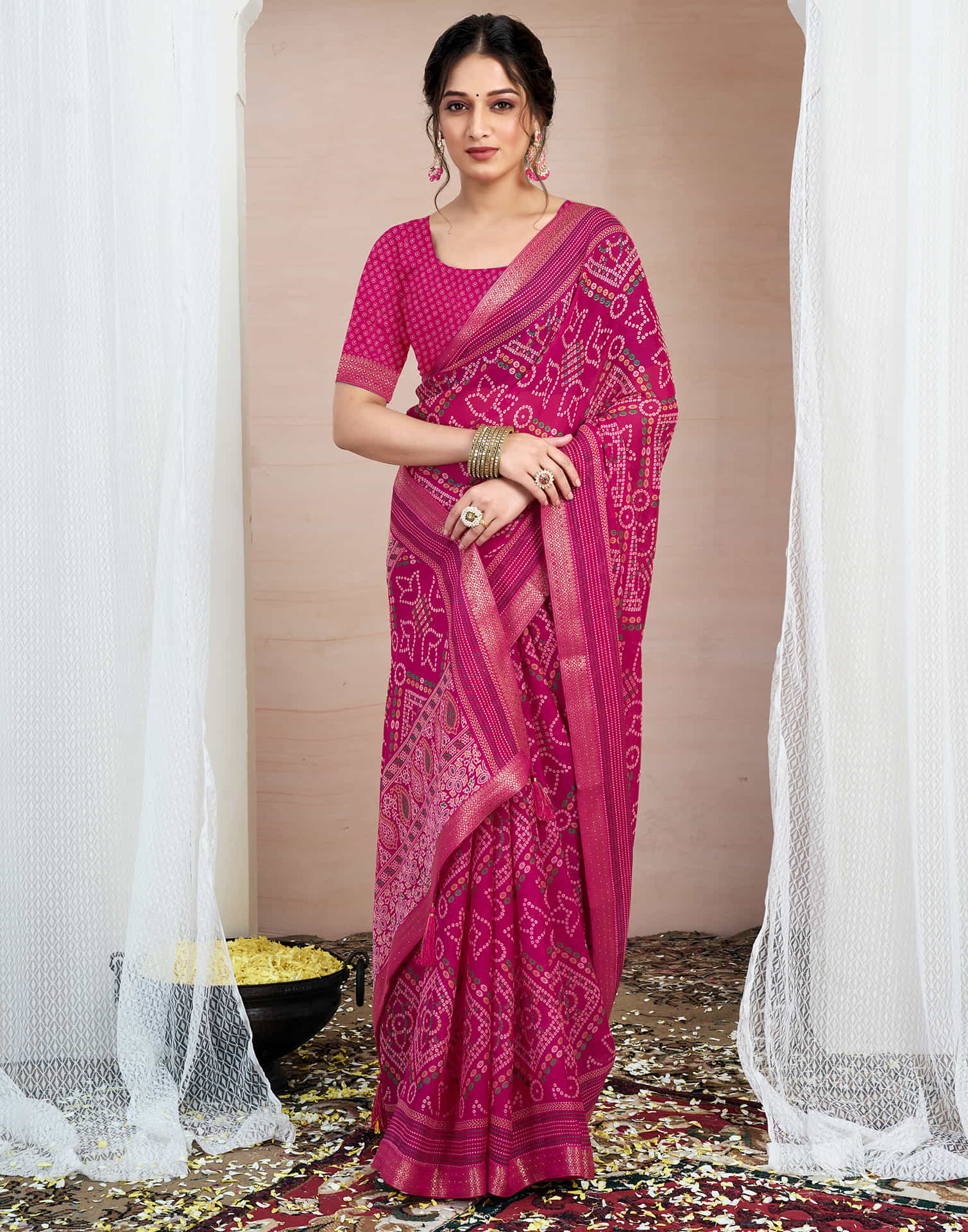 Rani Pink Chiffon Printed Bandhani Saree - Image 4