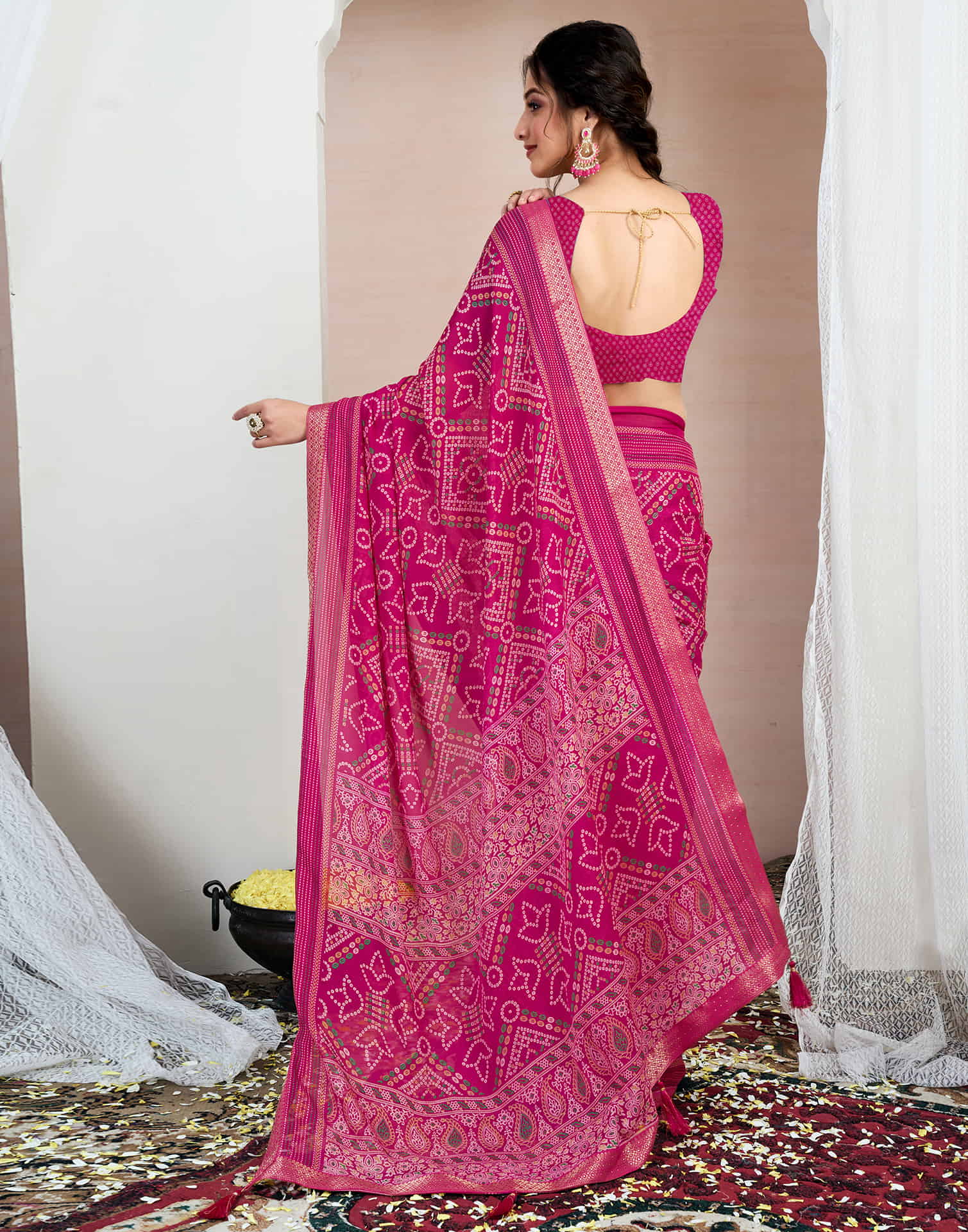 Rani Pink Chiffon Printed Bandhani Saree - Image 6