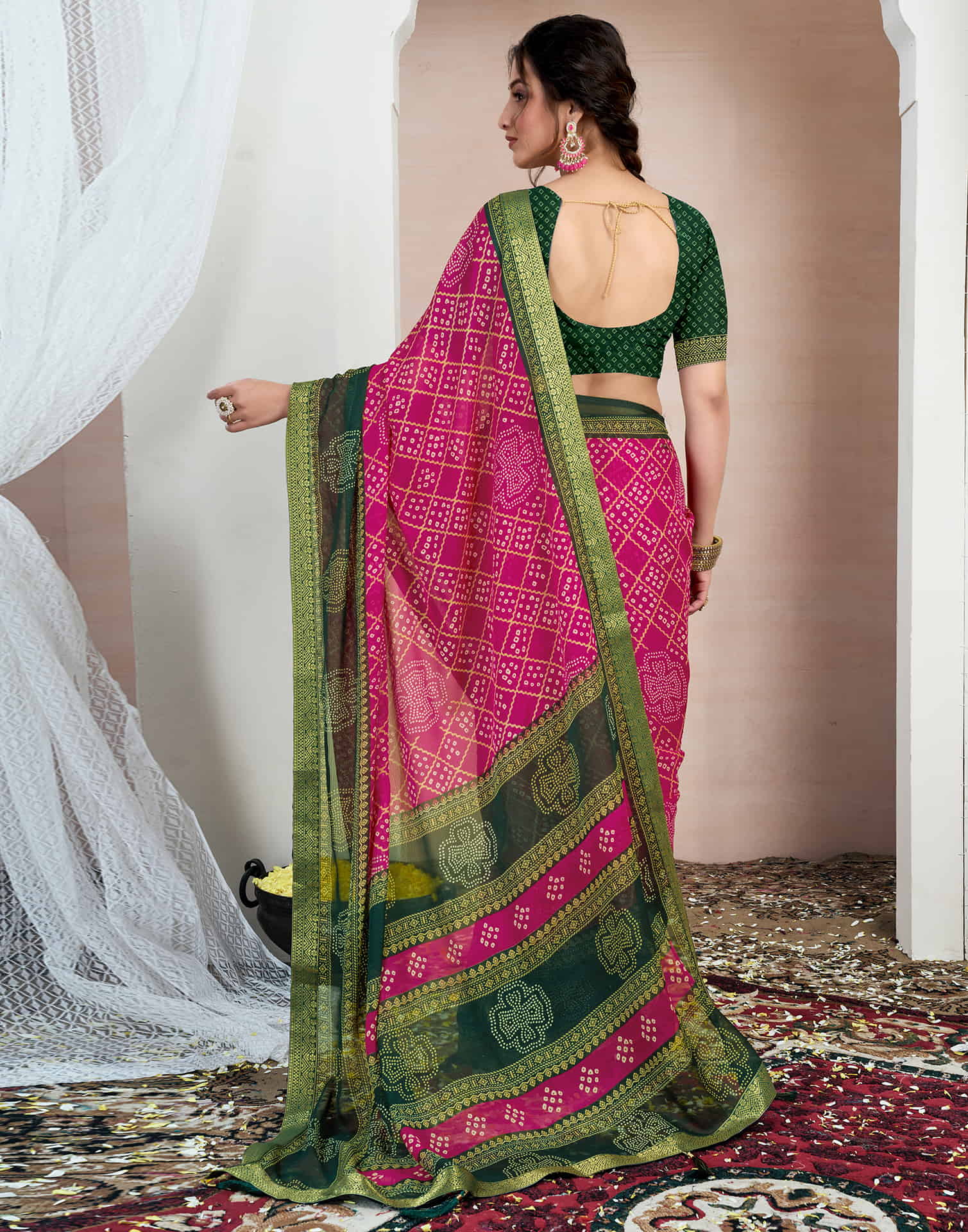 Rani Pink Chiffon Printed Bandhani Saree - Image 5