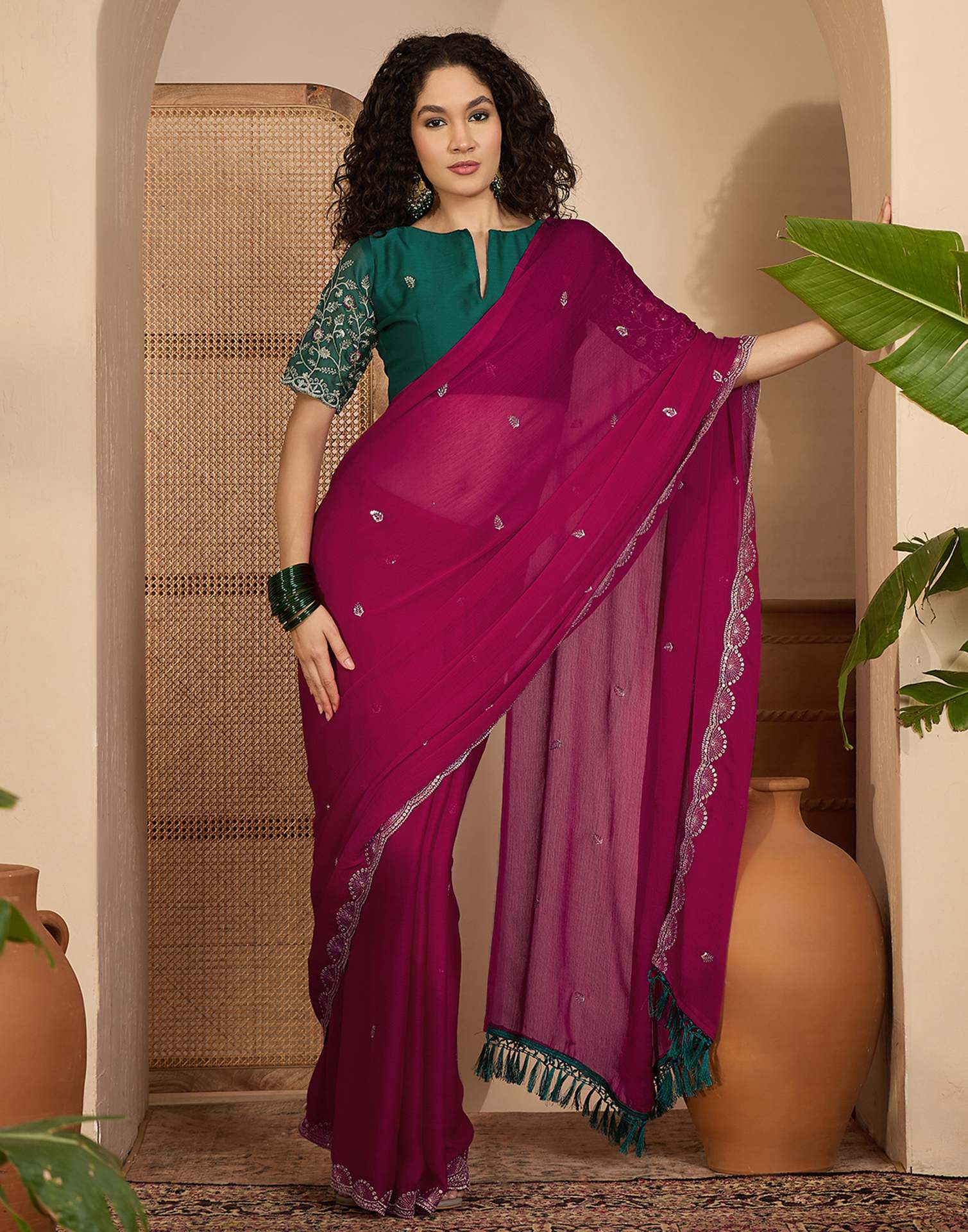 Rani Pink Chiffon Sequence Embroidery Saree