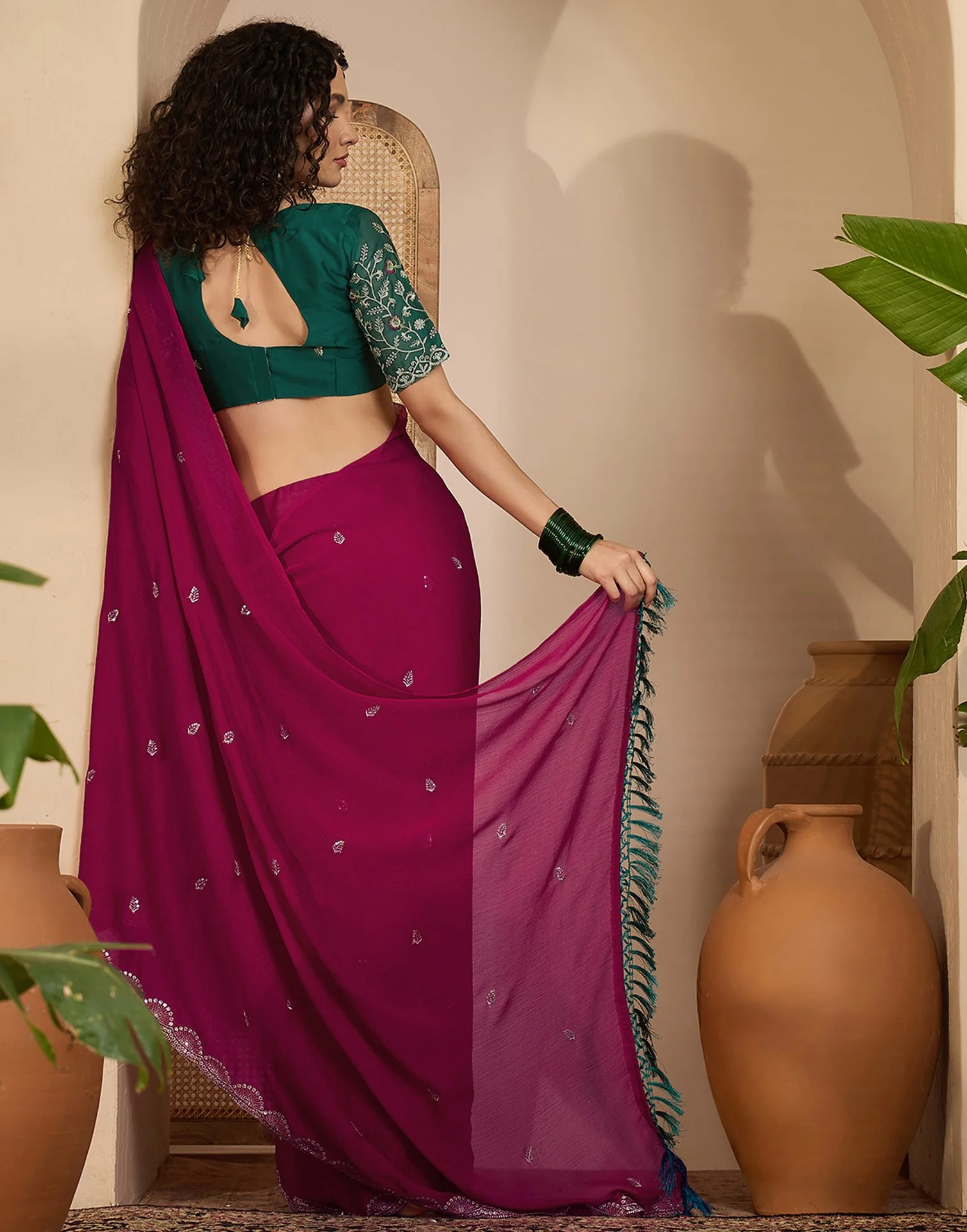 Rani Pink Chiffon Sequence Embroidery Saree - Image 6