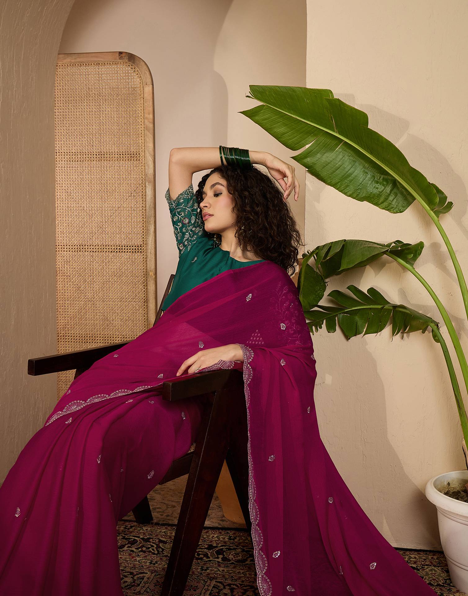 Rani Pink Chiffon Sequence Embroidery Saree - Image 7