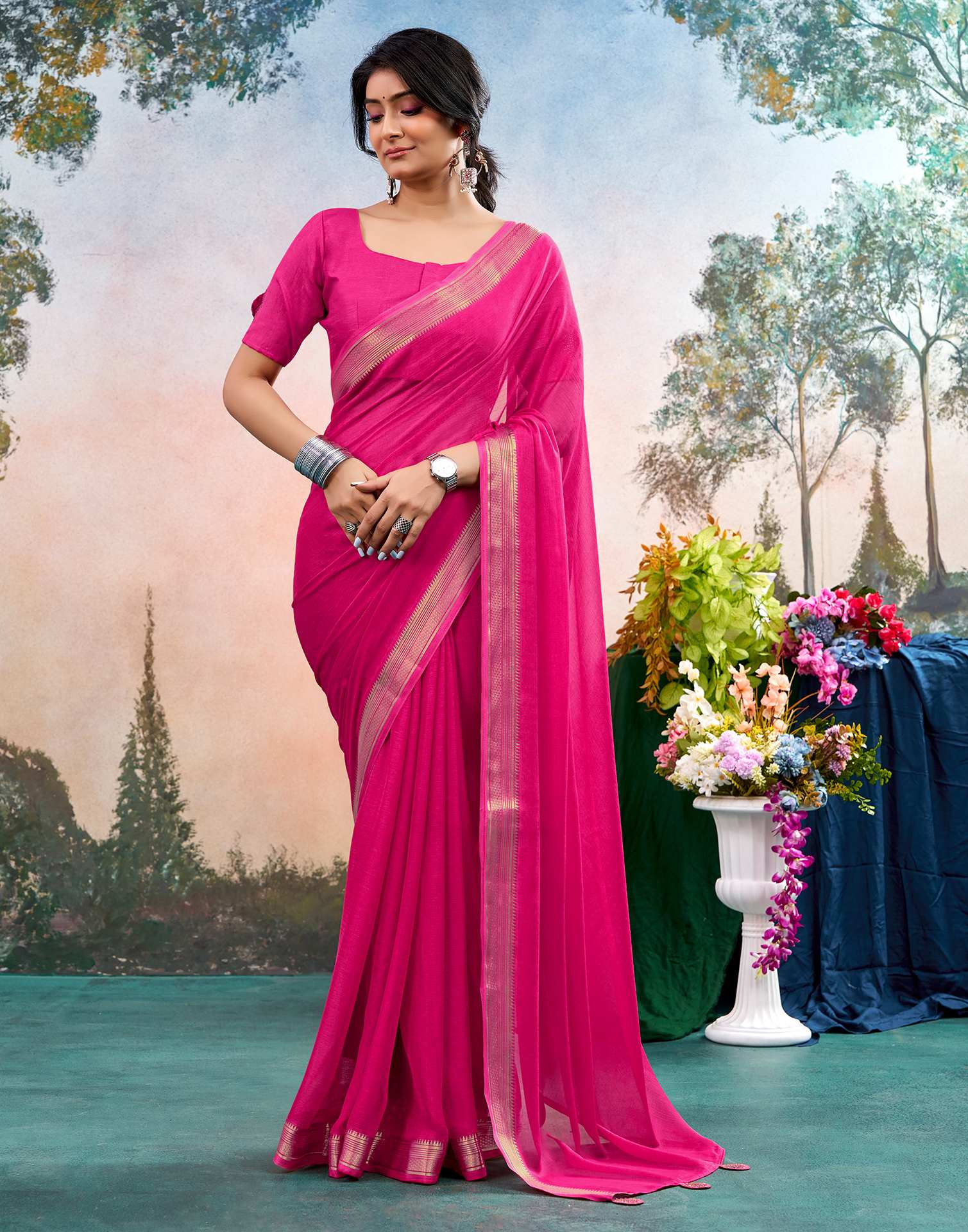 Rani Pink Chiffon Woven Border Saree