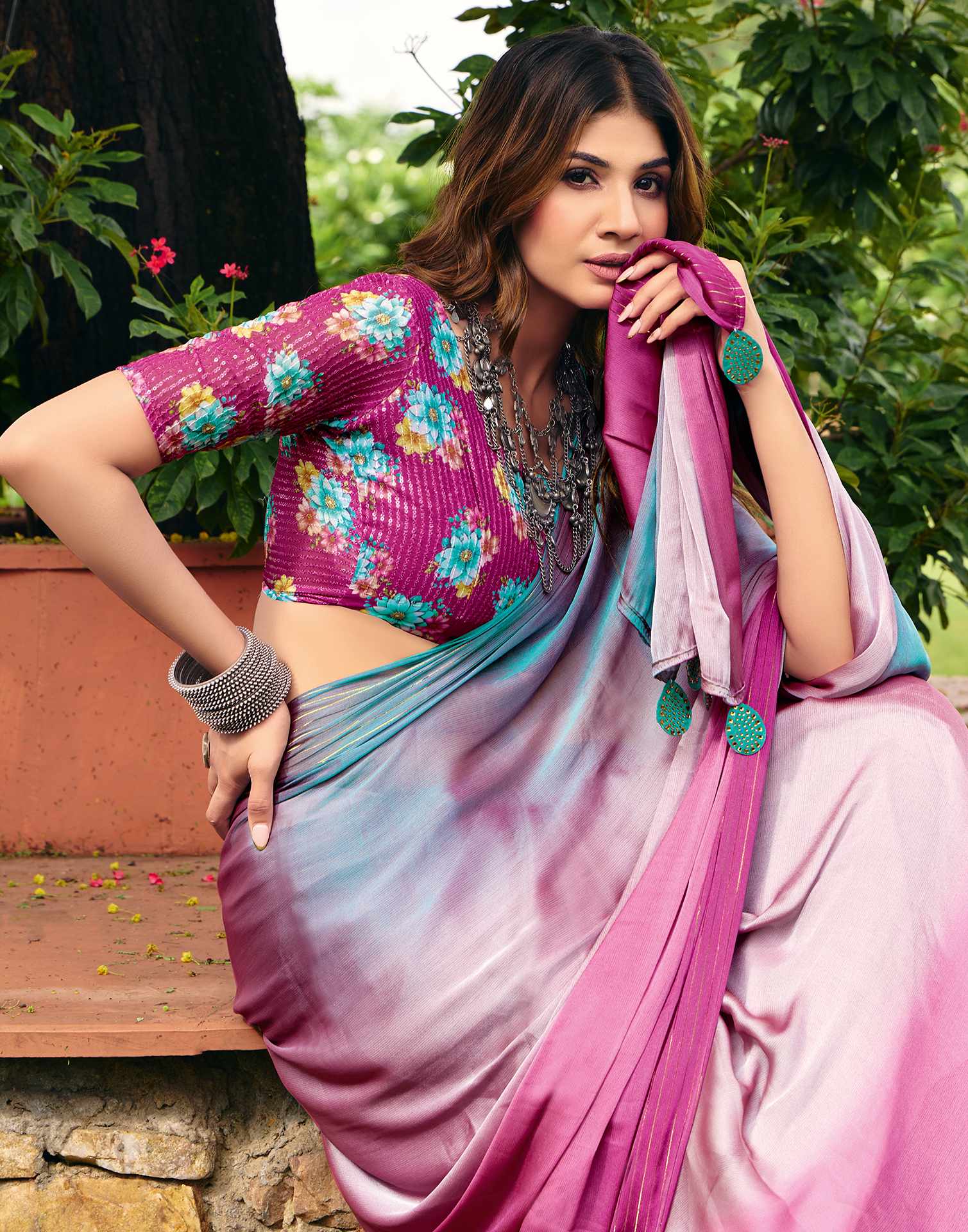 Rani Pink Chiffon Zari Stripe Saree - Image 2