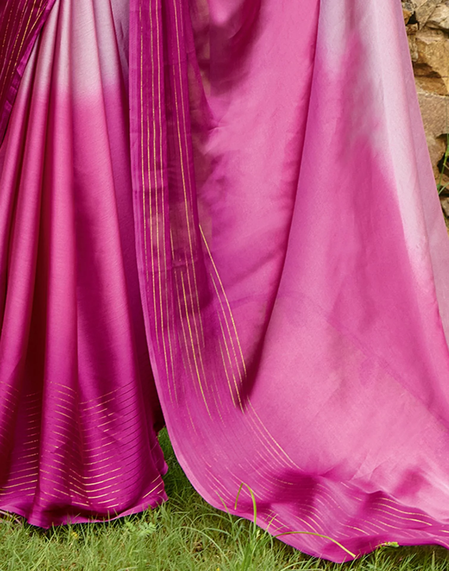 Rani Pink Chiffon Zari Stripe Saree - Image 4