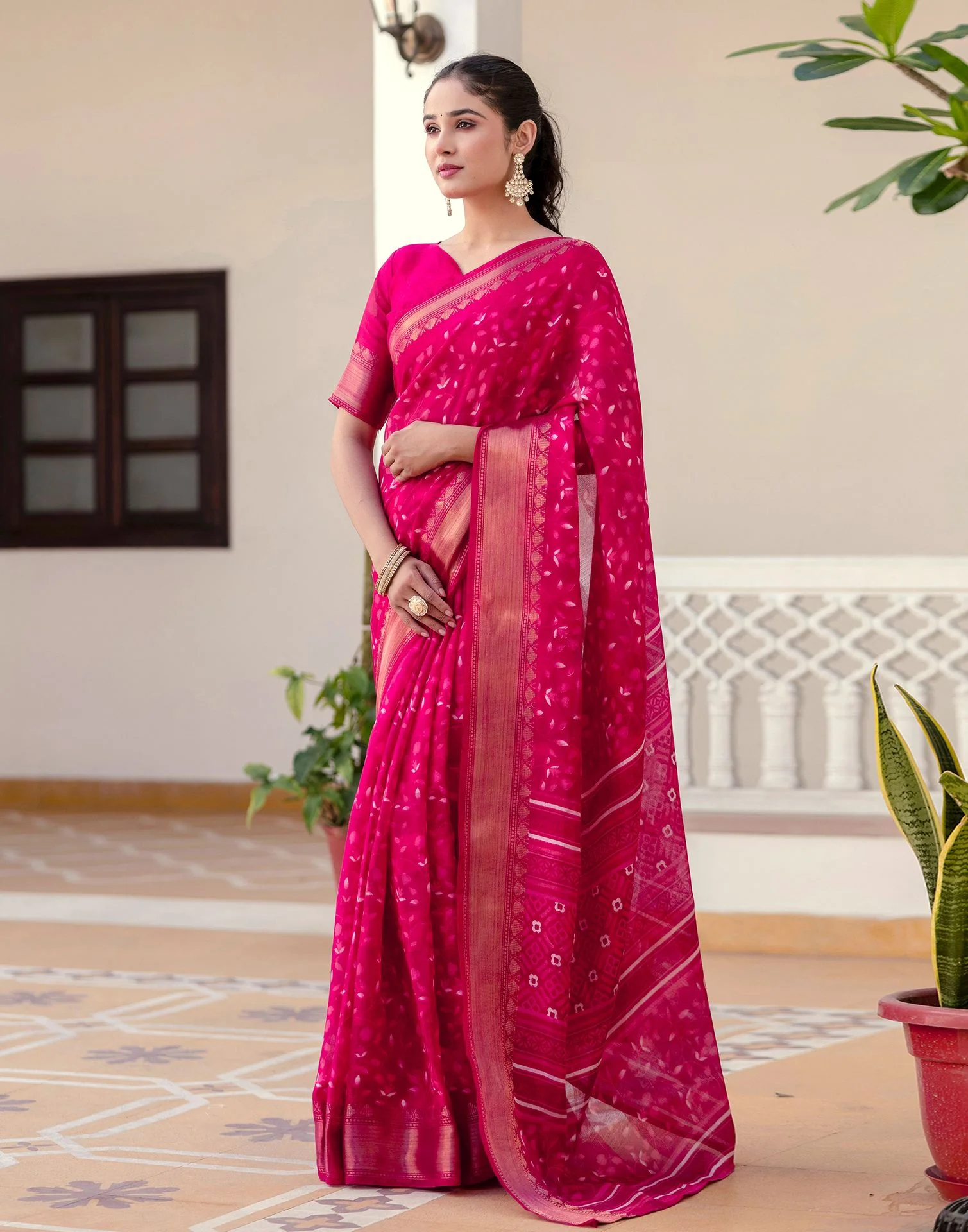 Rani Pink Cotton Blend Printed Saree - Image 5