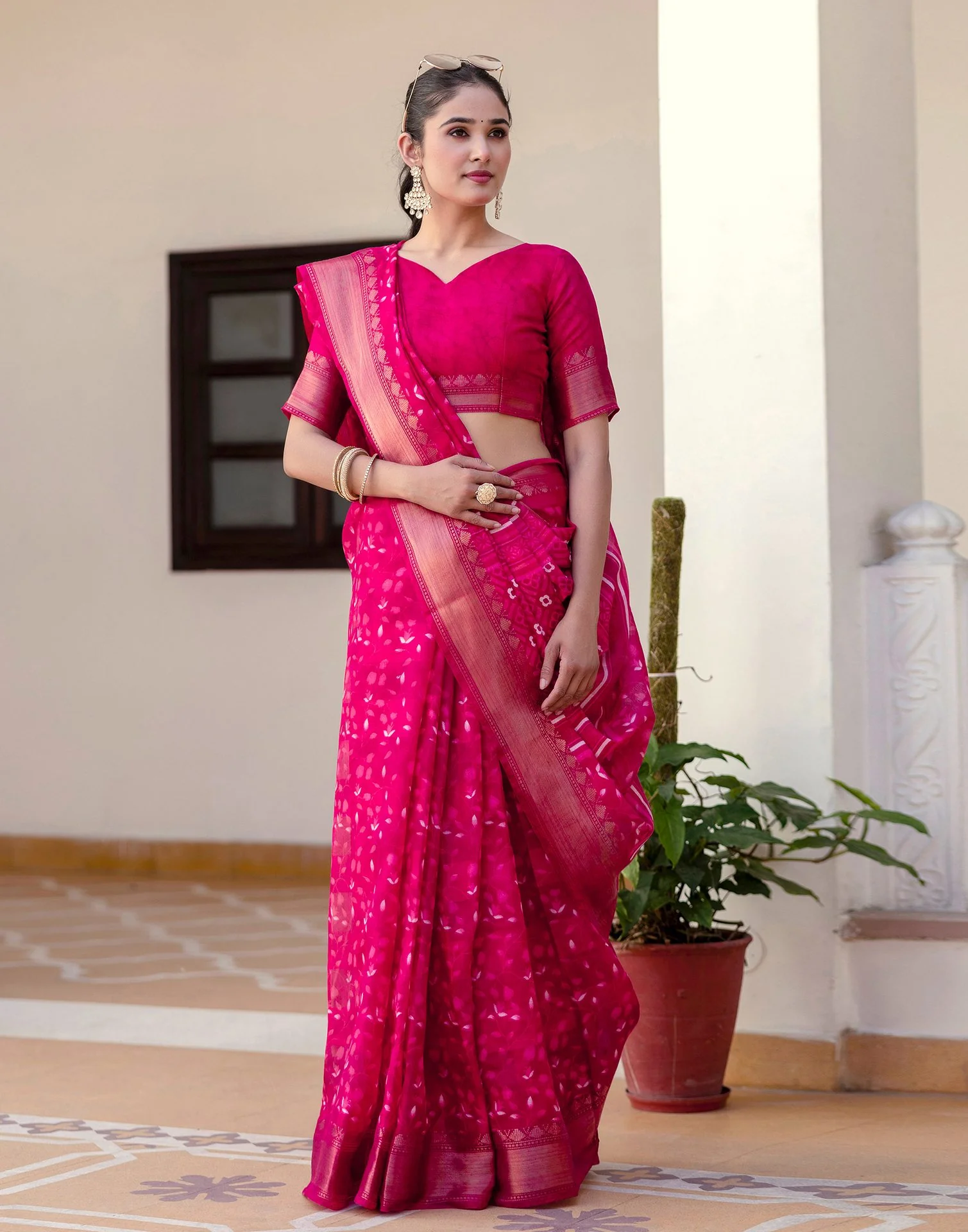 Rani Pink Cotton Blend Printed Saree - Image 6