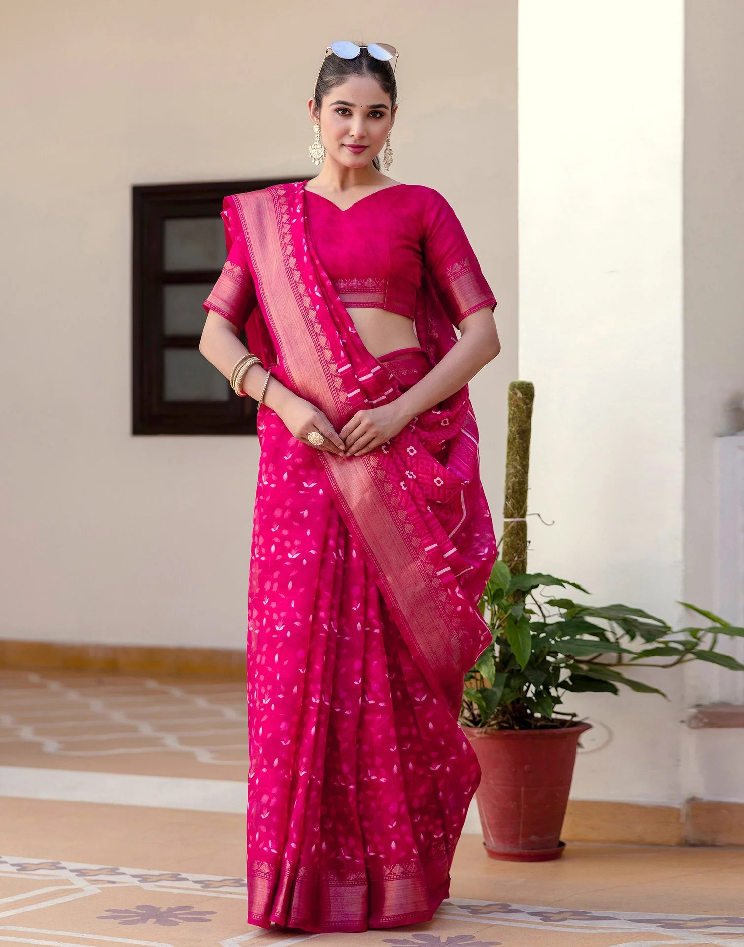 Rani Pink Cotton Blend Printed Saree - Image 8