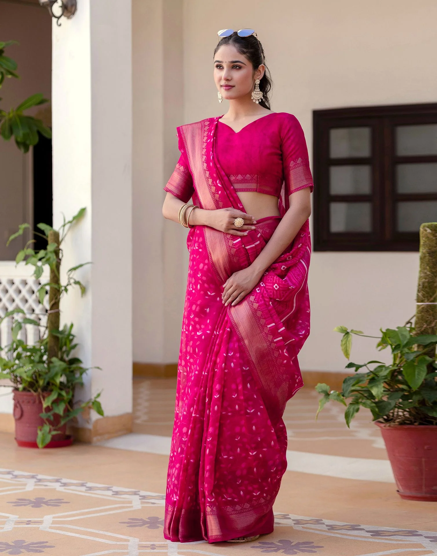 Rani Pink Cotton Blend Printed Saree - Image 9