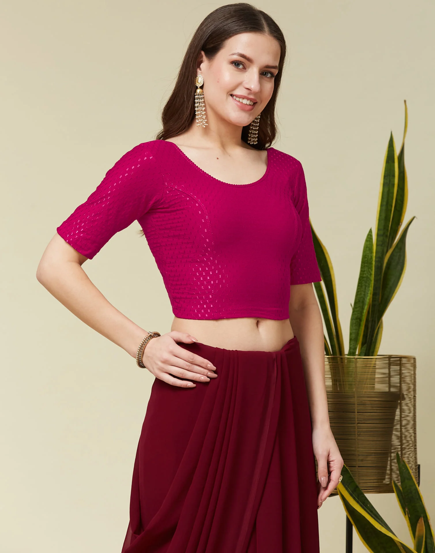 Rani Pink Cotton Dyed Self Woven Blouse - Image 5