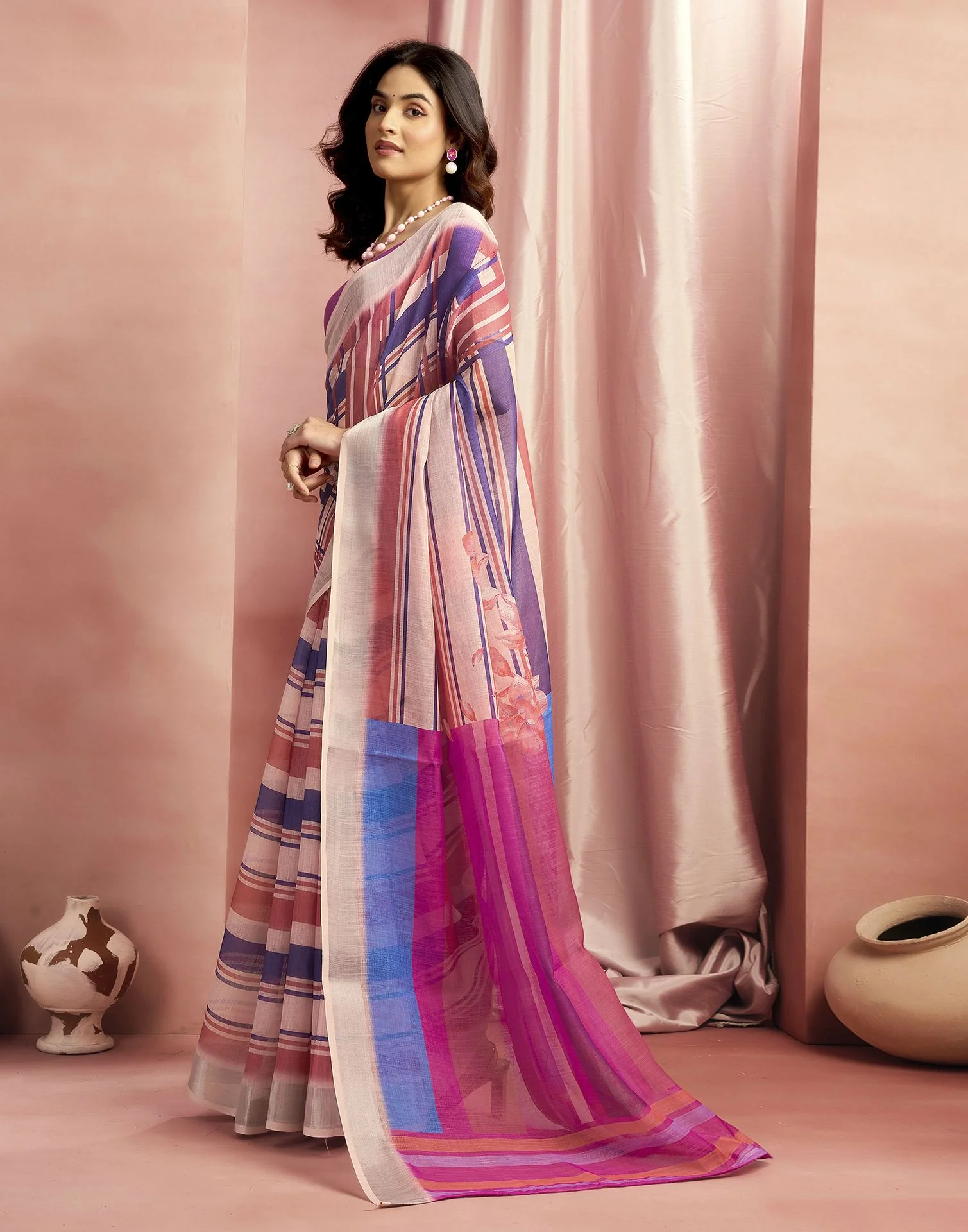 Rani Pink Cotton Linen Printed Saree - Image 4