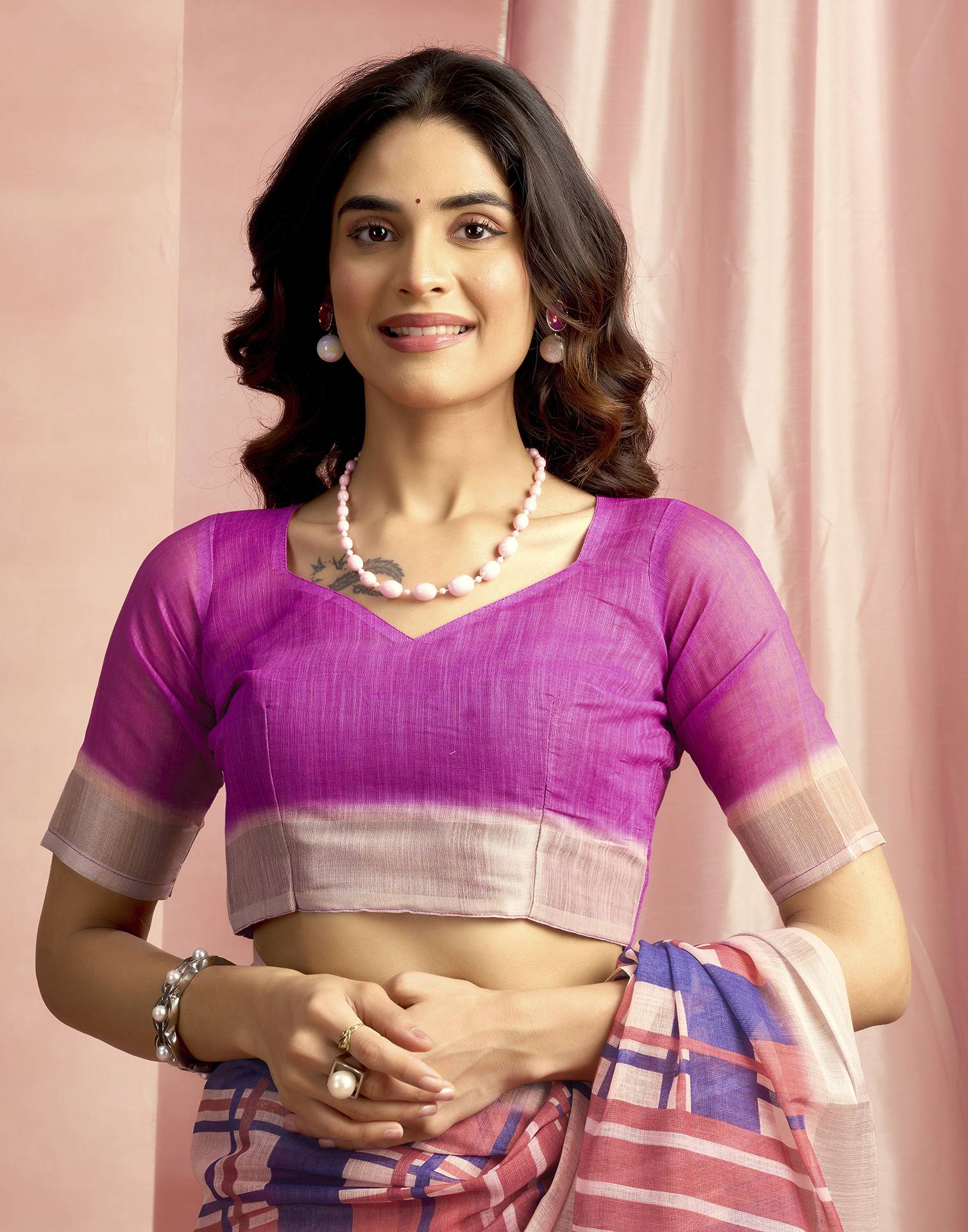 Rani Pink Cotton Linen Printed Saree - Image 8