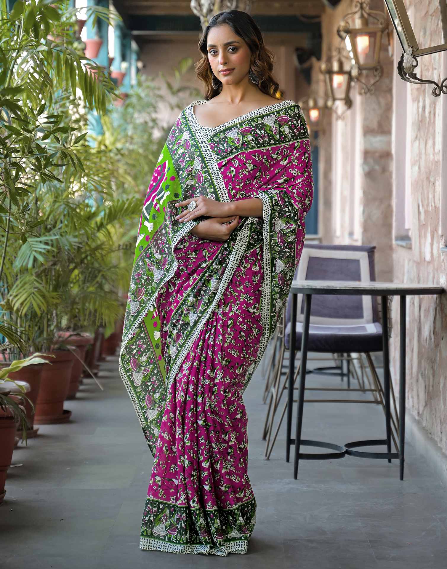 Rani Pink Cotton Printed Saree - Image 4