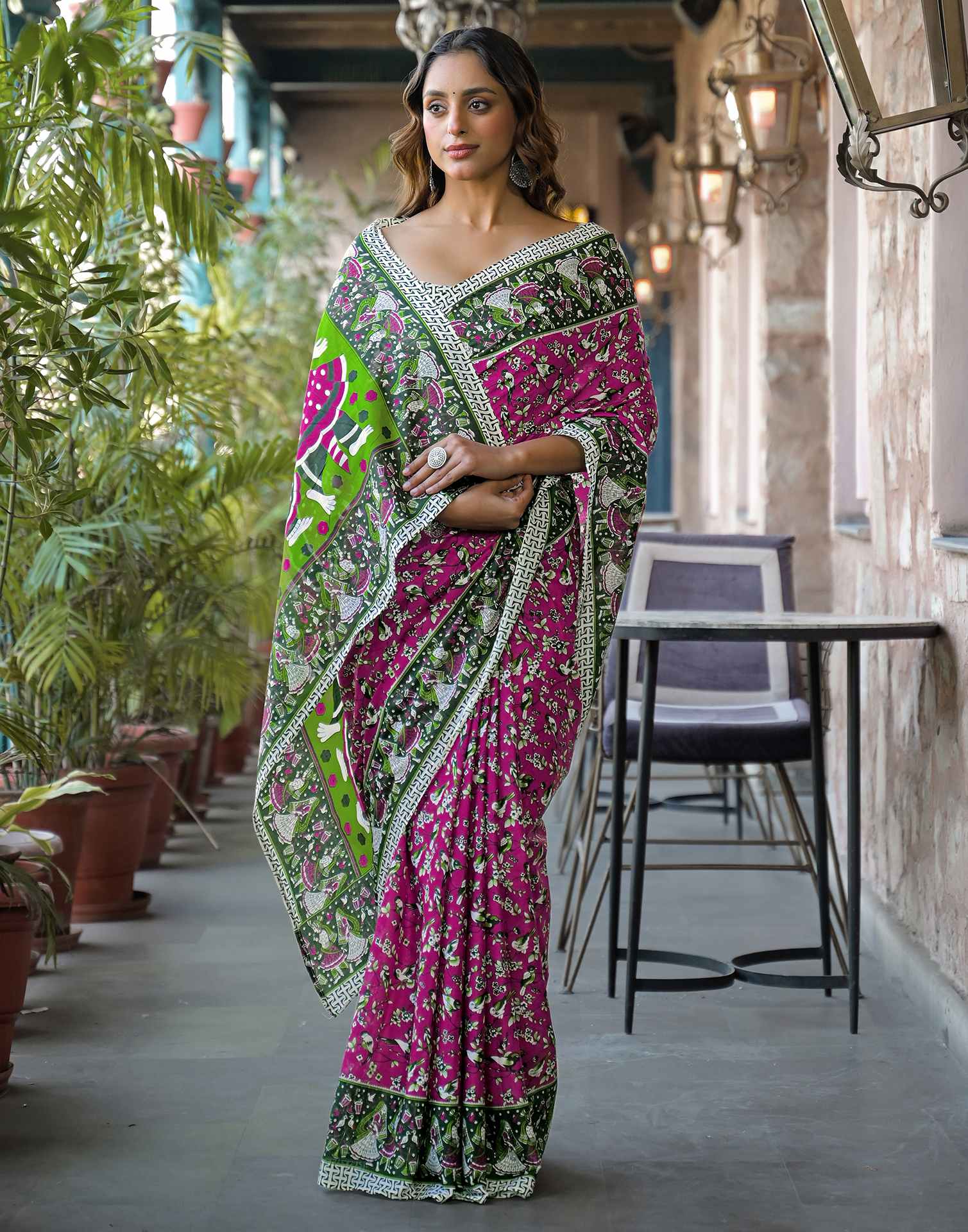 Rani Pink Cotton Printed Saree - Image 6