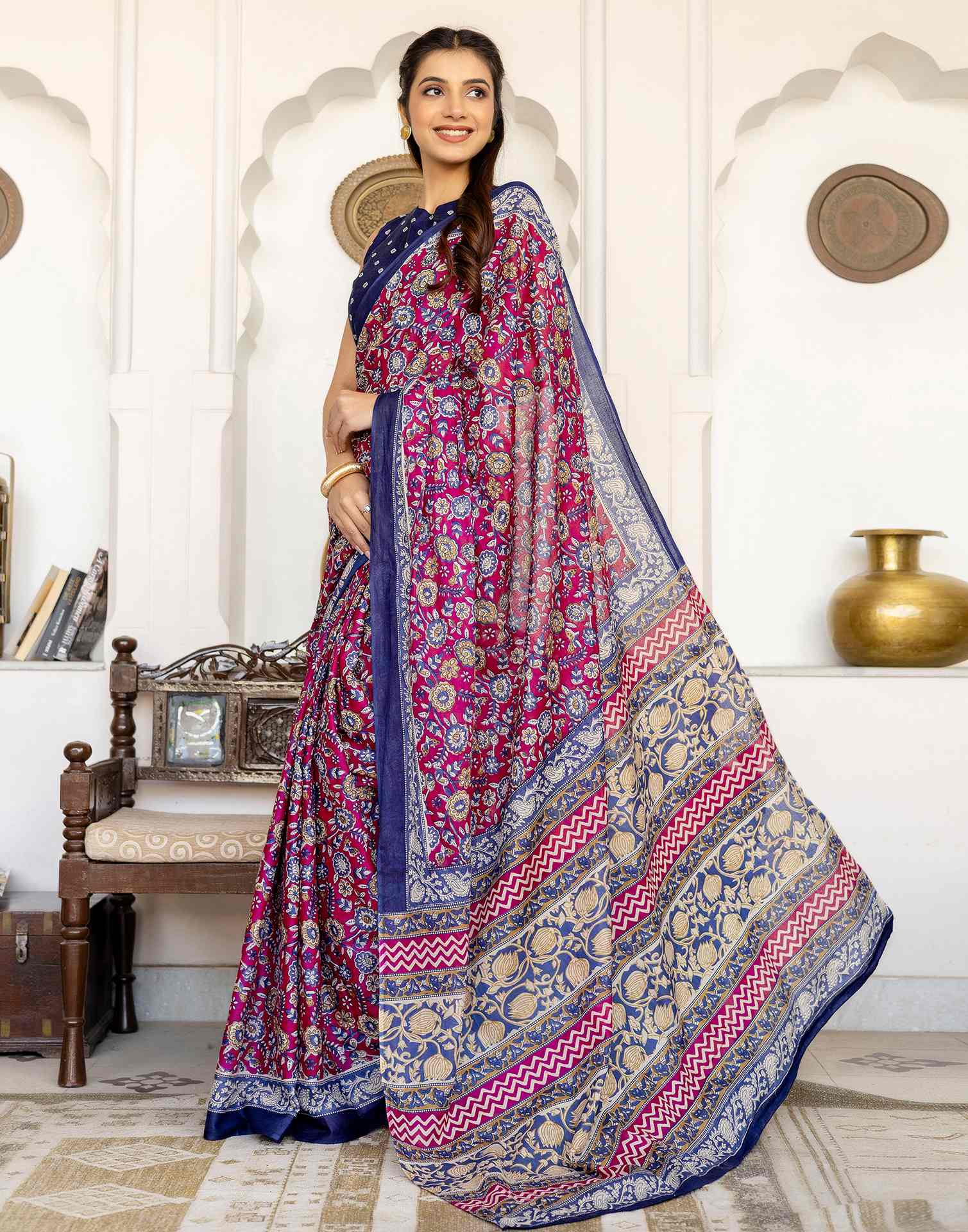 Rani Pink Cotton Printed Saree - Image 8