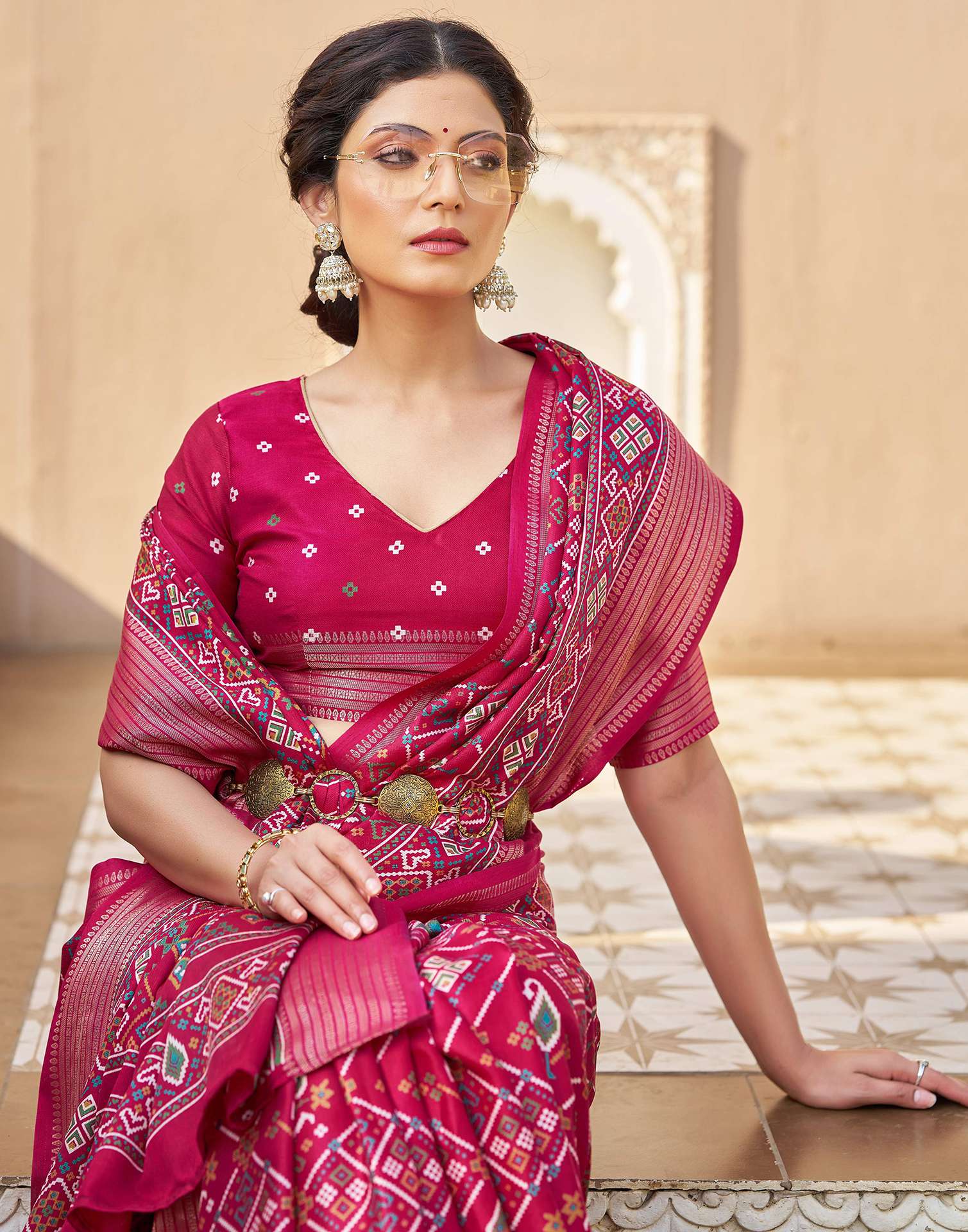 Rani Pink Silk Printed Patola Saree - Image 4