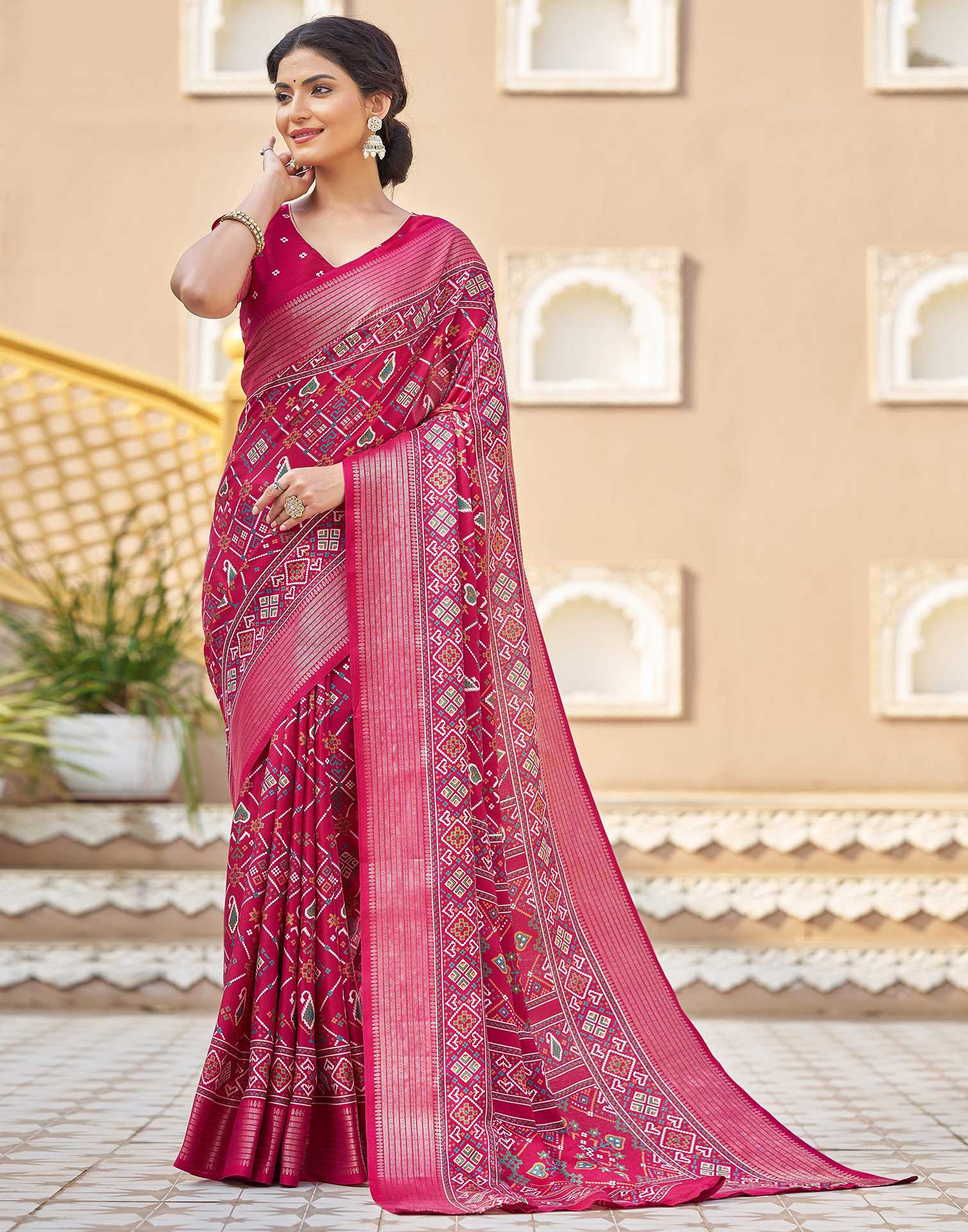 Rani Pink Silk Printed Patola Saree - Image 6