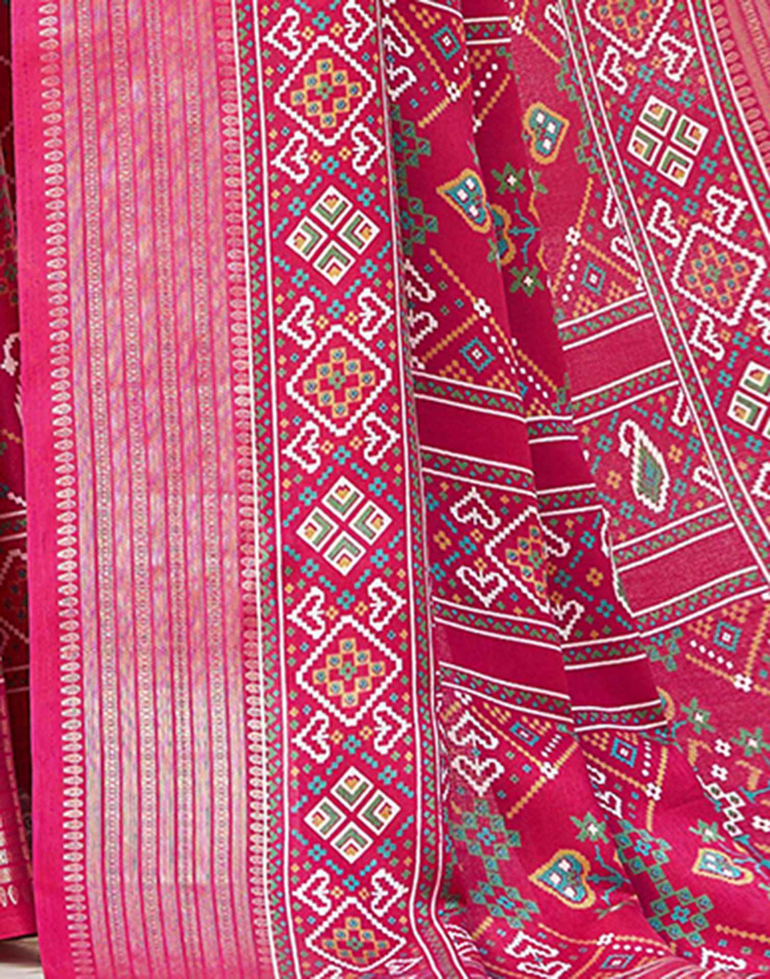 Rani Pink Silk Printed Patola Saree - Image 9