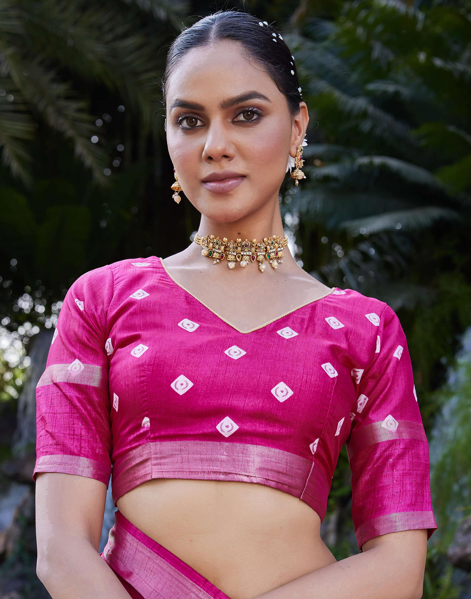 Rani Pink Dola Silk Bandhani Printed Saree - Image 8