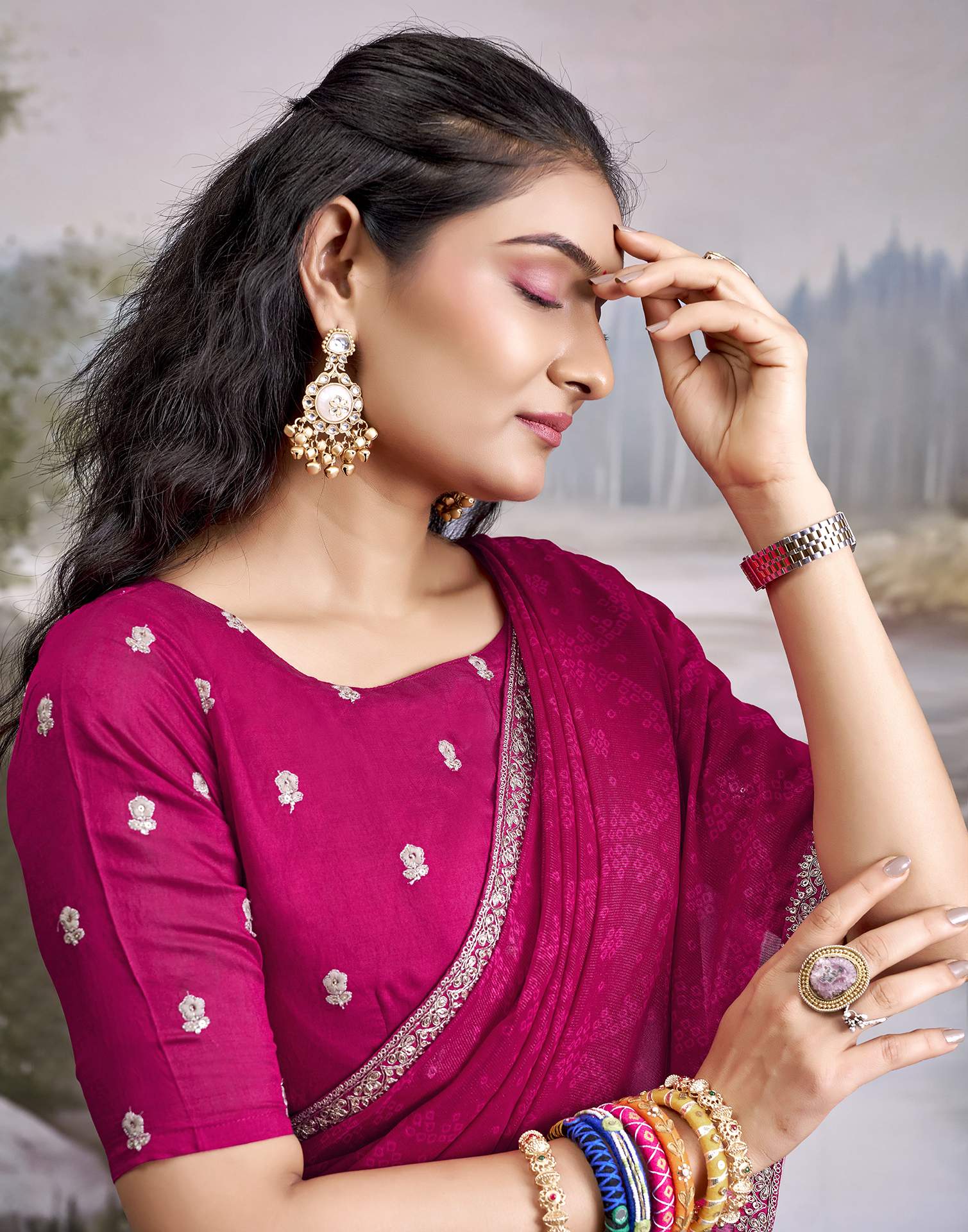Rani Pink Georgette Bandhani Printed Lace Saree - Image 2