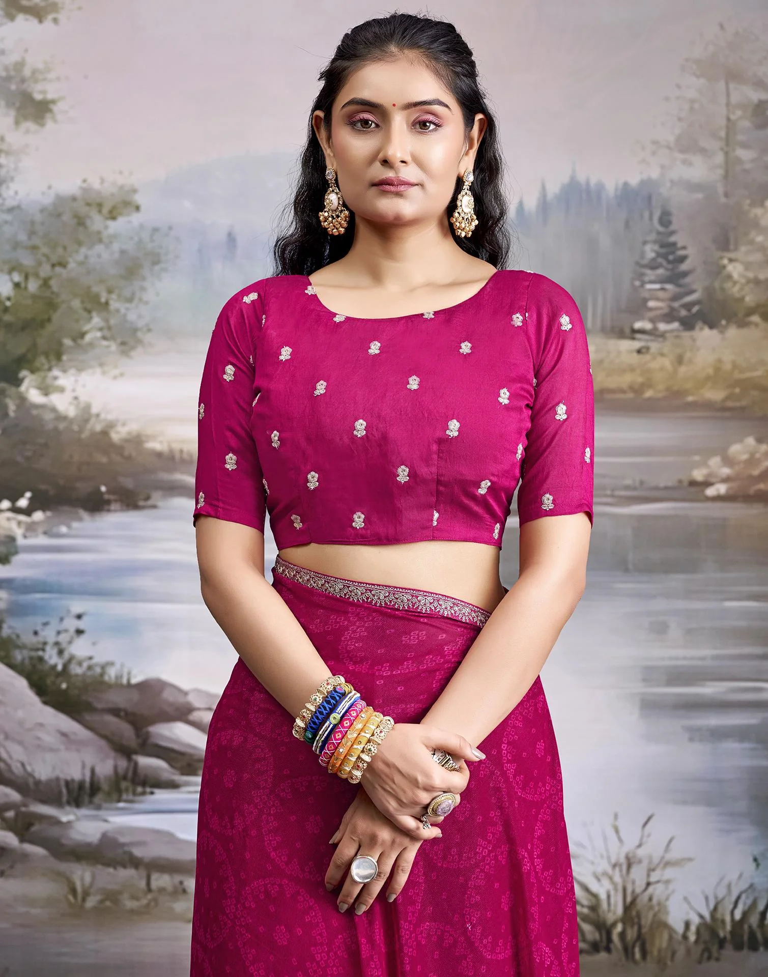 Rani Pink Georgette Bandhani Printed Lace Saree - Image 8