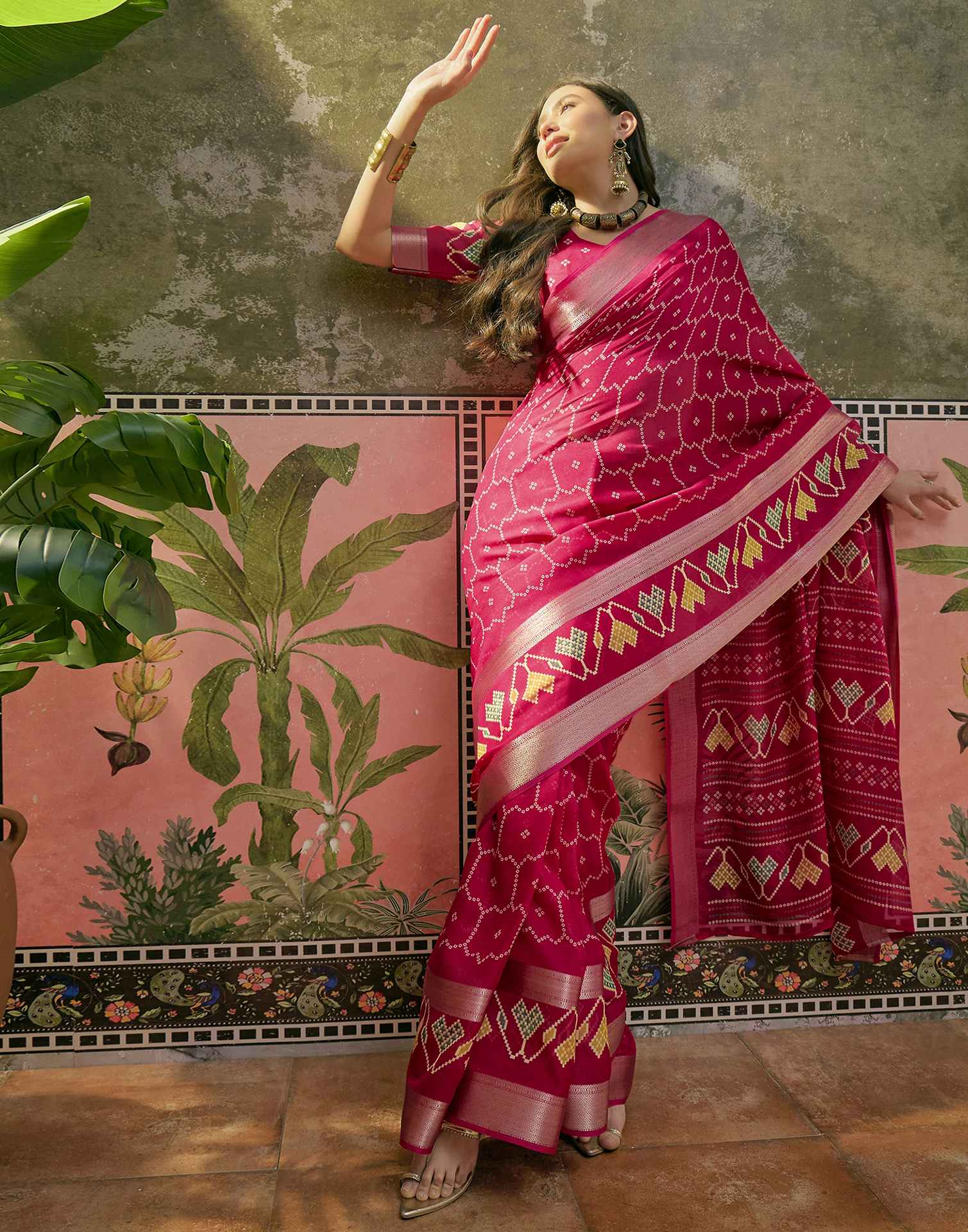 Rani Pink Georgette Bandhani Printed Saree - Image 5