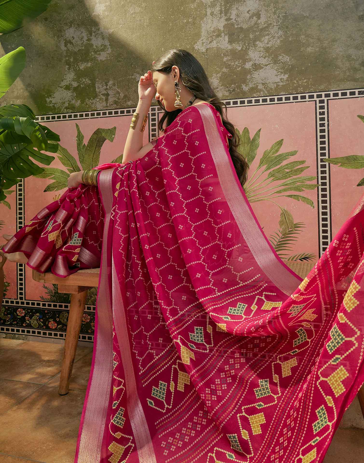 Rani Pink Georgette Bandhani Printed Saree - Image 7