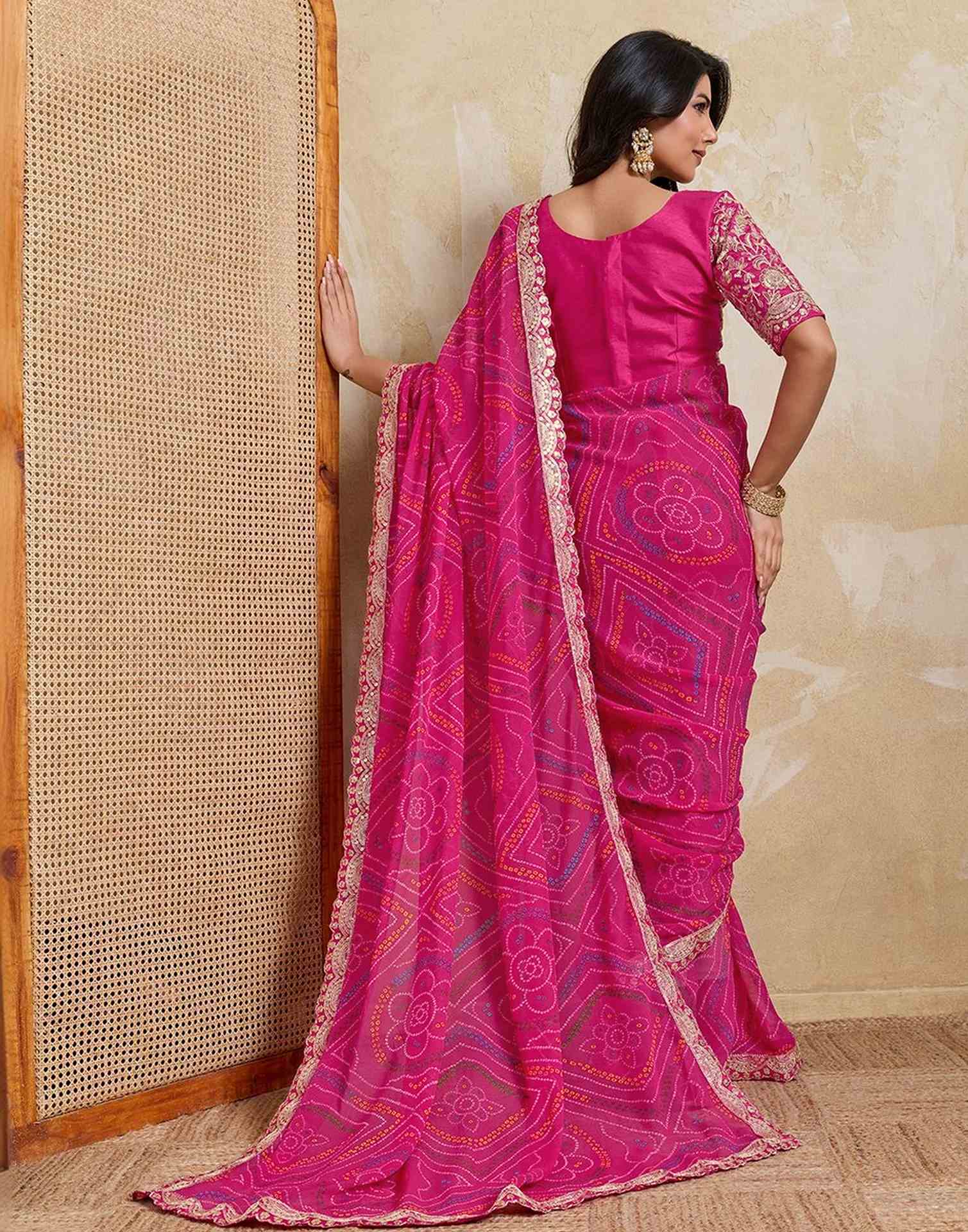 Rani Pink Georgette Bandhani Printed SareeĀ - Image 6