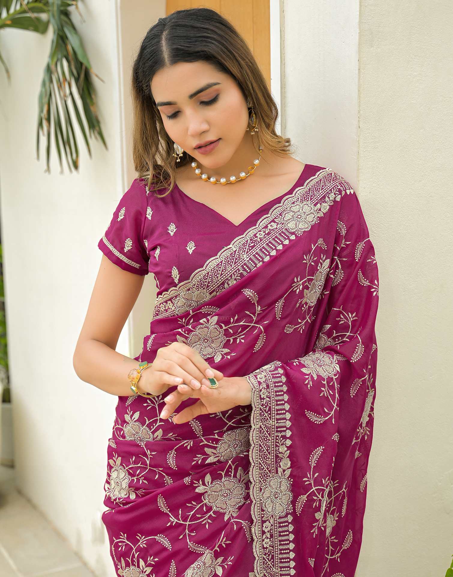 Rani Pink Georgette Embroidery Saree - Image 4